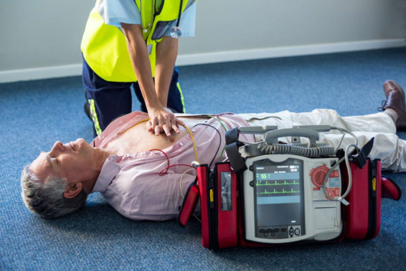 A standard automated external defibrillator (AED) in use during CPR &nbsp; &nbsp; &nbsp;Source: Envato