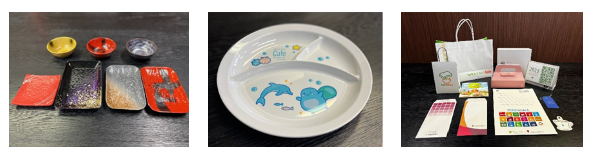 SHELLMAINE (left) has a ceramic-like texture. In recent years, it has been increasingly adopted by aquariums with a strong interest in environmental issues, particularly marine plastic pollution. The center photo shows a lunch plate used at the New Enoshima Aquarium