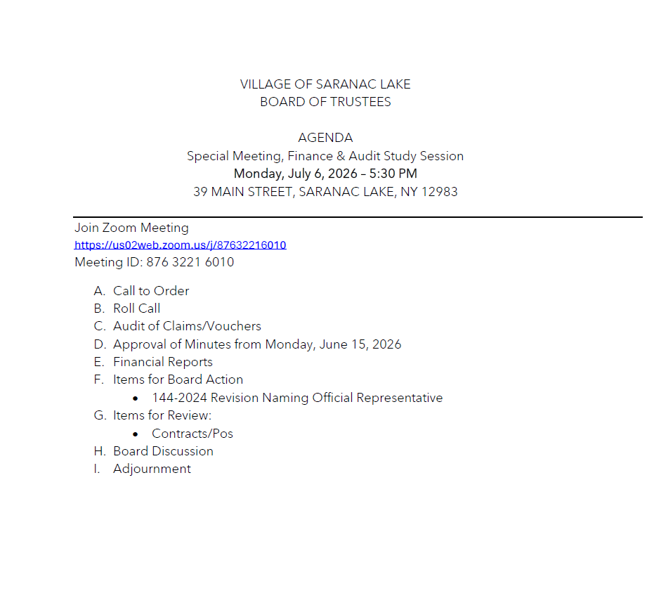 Special Meeting, Finance & Audit Study Session