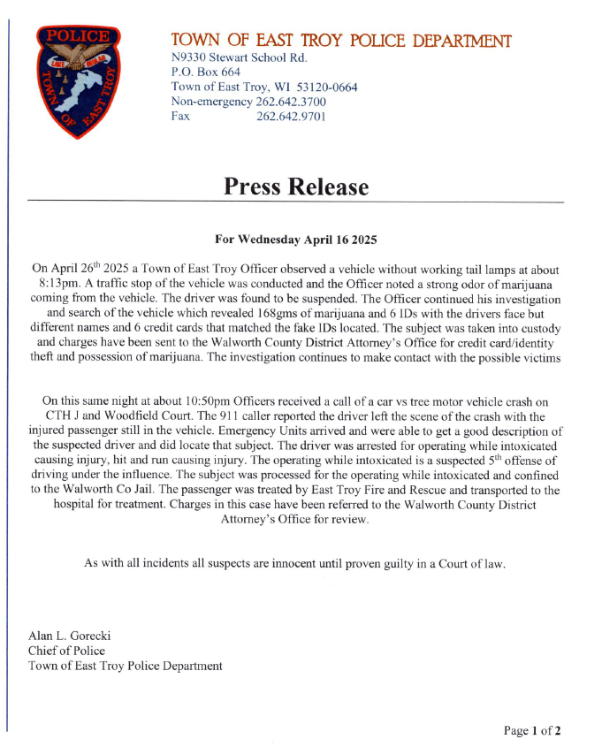 PRESS RELEASE 04-17-2025- TOWN OF EAST TROY POLICE DEPARTMENT | Town of ...