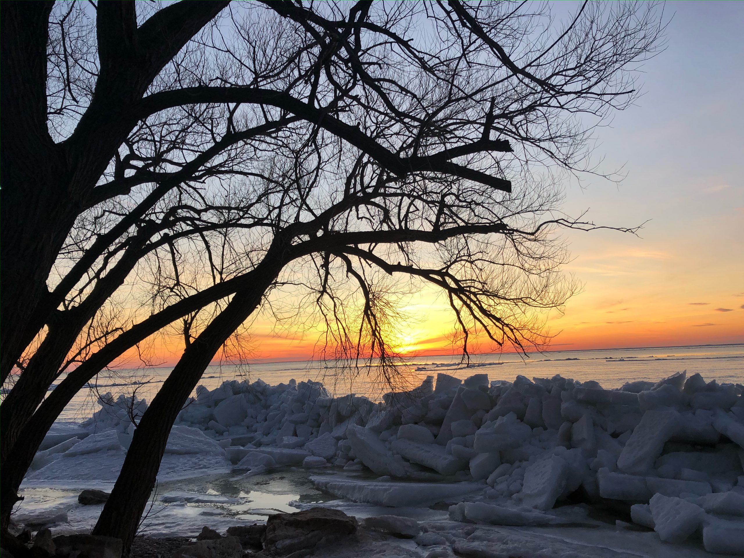 Winter sunset by the lake