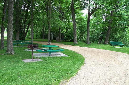 Green benches in park