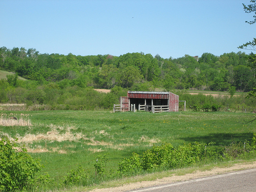 Rural barn in a green pasture landscape