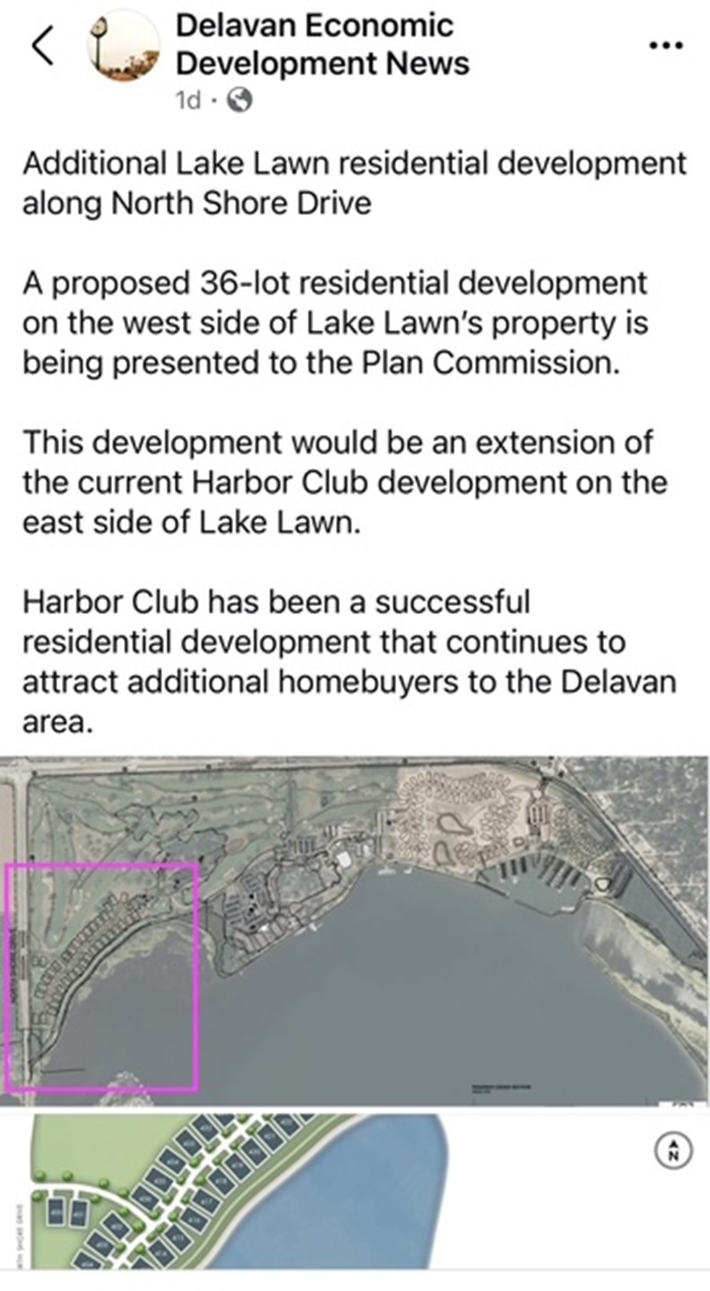 social media post from Delavan Economic Development News detailing a proposed 36-lot residential development on the west side of Lake Lawn Resort's property along North Shore Drive in Delavan, Wisconsin