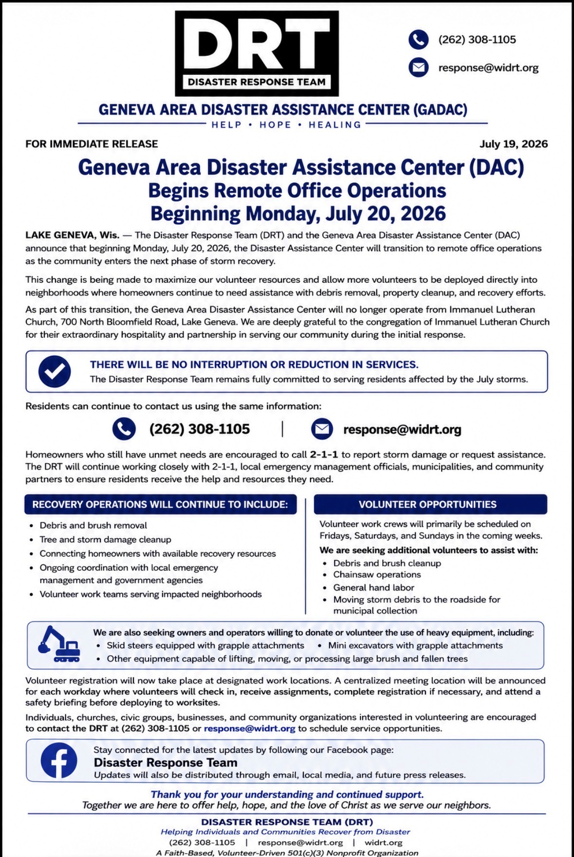 (GADAC) transitioned to remote office operations starting Monday, July 20, 2026, leaving its physical location at Immanuel Lutheran Church in Lake Geneva, Wisconsin