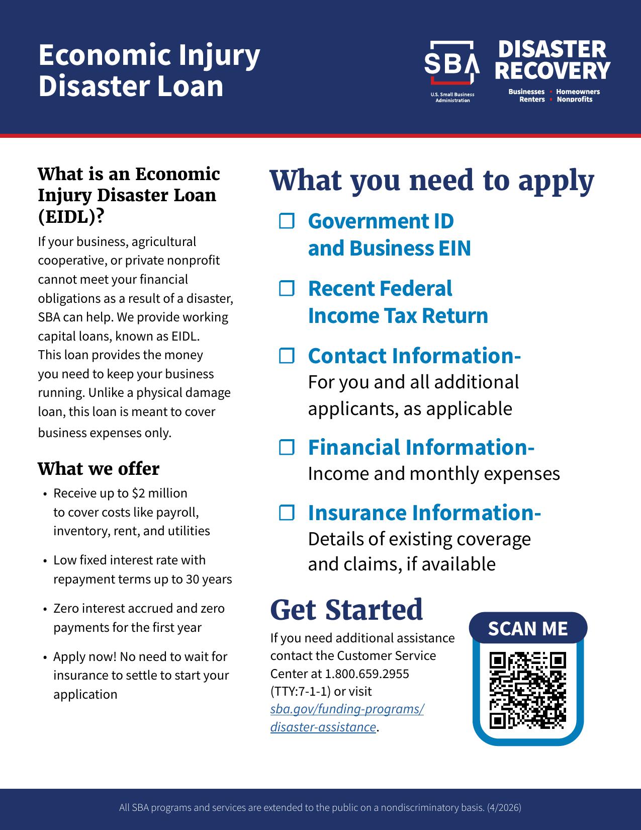 An Economic Injury Disaster Loan (EIDL) from the U.S. Small Business Administration (SBA) is a working capital loan designed to help small businesses, agricultural cooperatives, and private nonprofits cover ordinary operational and business expenses when a disaster prevents them from meeting financial obligations