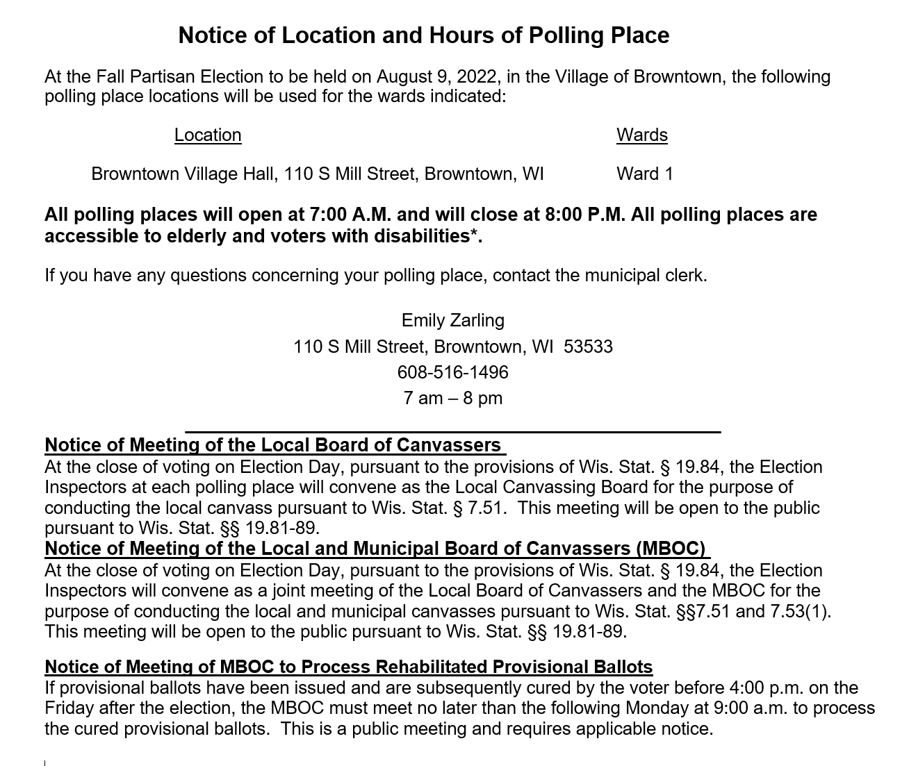 Notice of Location and Hours of Polling Place