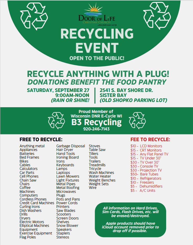 RECYCLING EVENT September 27 9-12pm | Village of Sister Bay
