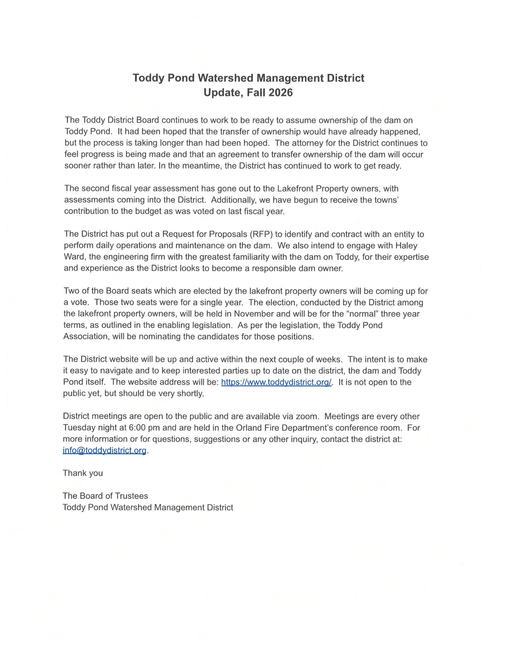 Toddy Pond Watershed Management Quarterly Update