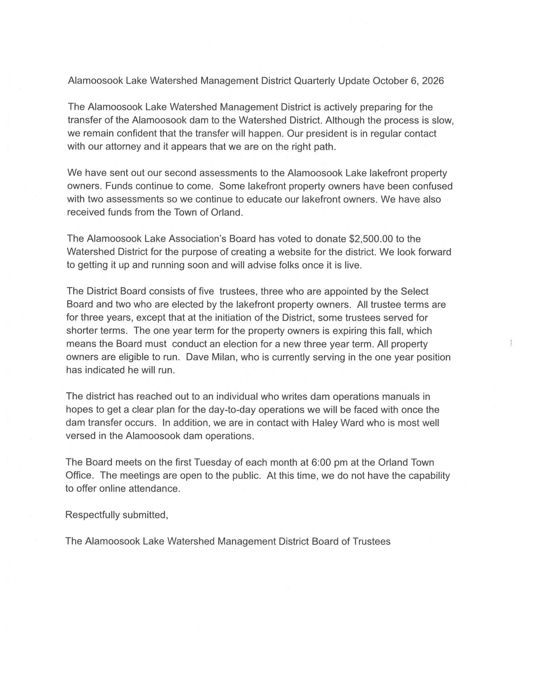 Alamoosook watershed management district Quarterly Update