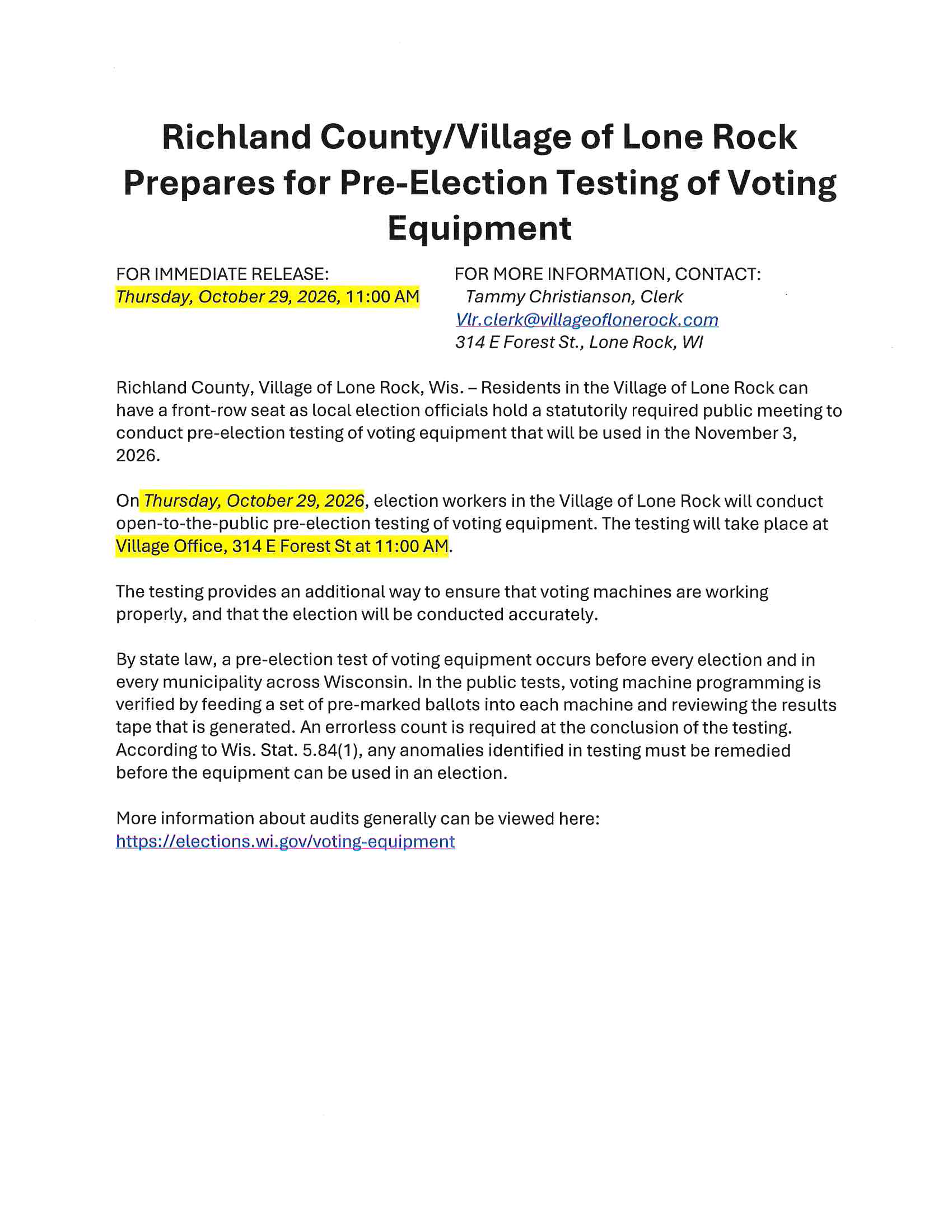 Pre-Election Testing of Voting Machine, November Election 2026