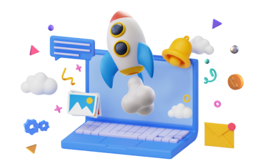 Laptop with flying rocket