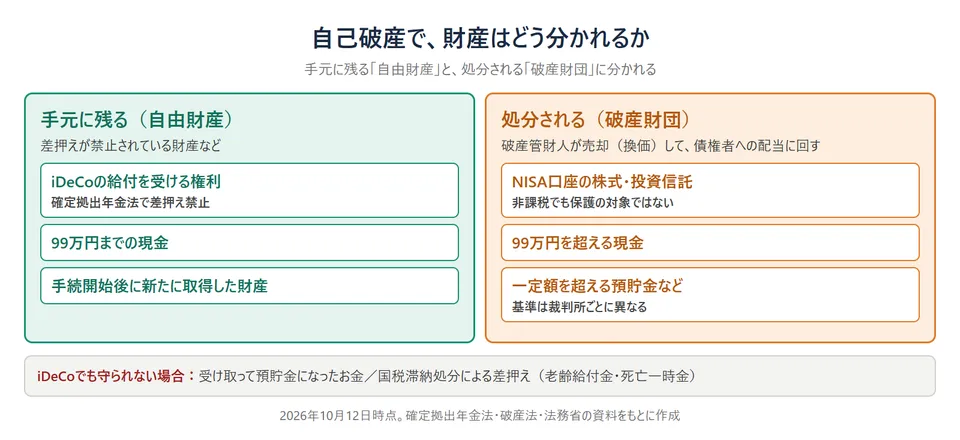 自己破産で財産がどう分かれるか。手元に残る自由財産は、iDeCoの給付を受ける権利（確定拠出年金法で差押え禁止）、99万円までの現金、手続開始後に新たに取得した財産。処分される破産財団は、NISA口座の株式・投資信託、99万円を超える現金、一定額を超える預貯金など（基準は裁判所ごとに異なる）。iDeCoでも、受け取って預貯金になったお金や、国税滞納処分による差押えは守られない