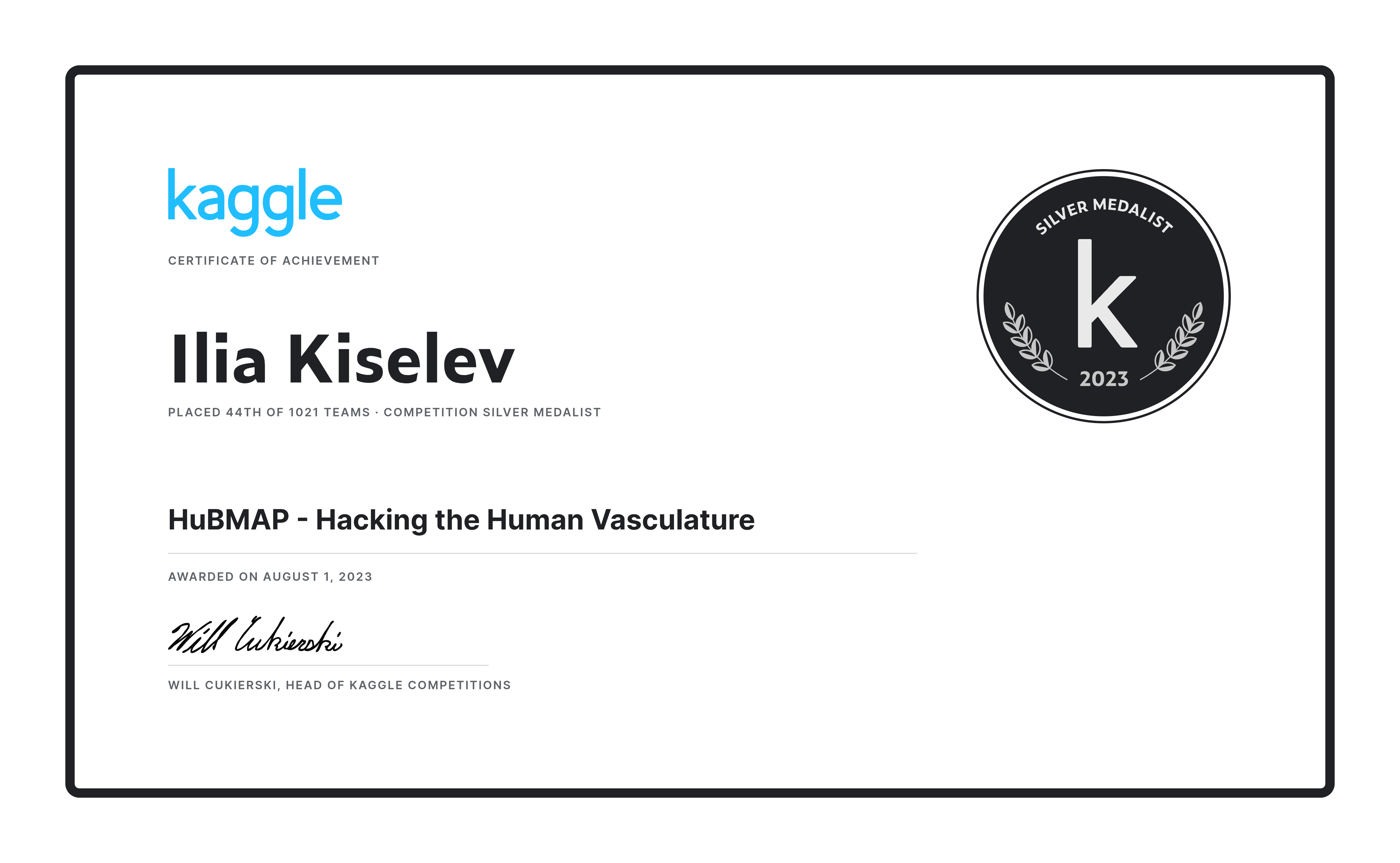 Ilia Kiselev won a Silver Medal for placing 44th in HuBMAP - Hacking ...