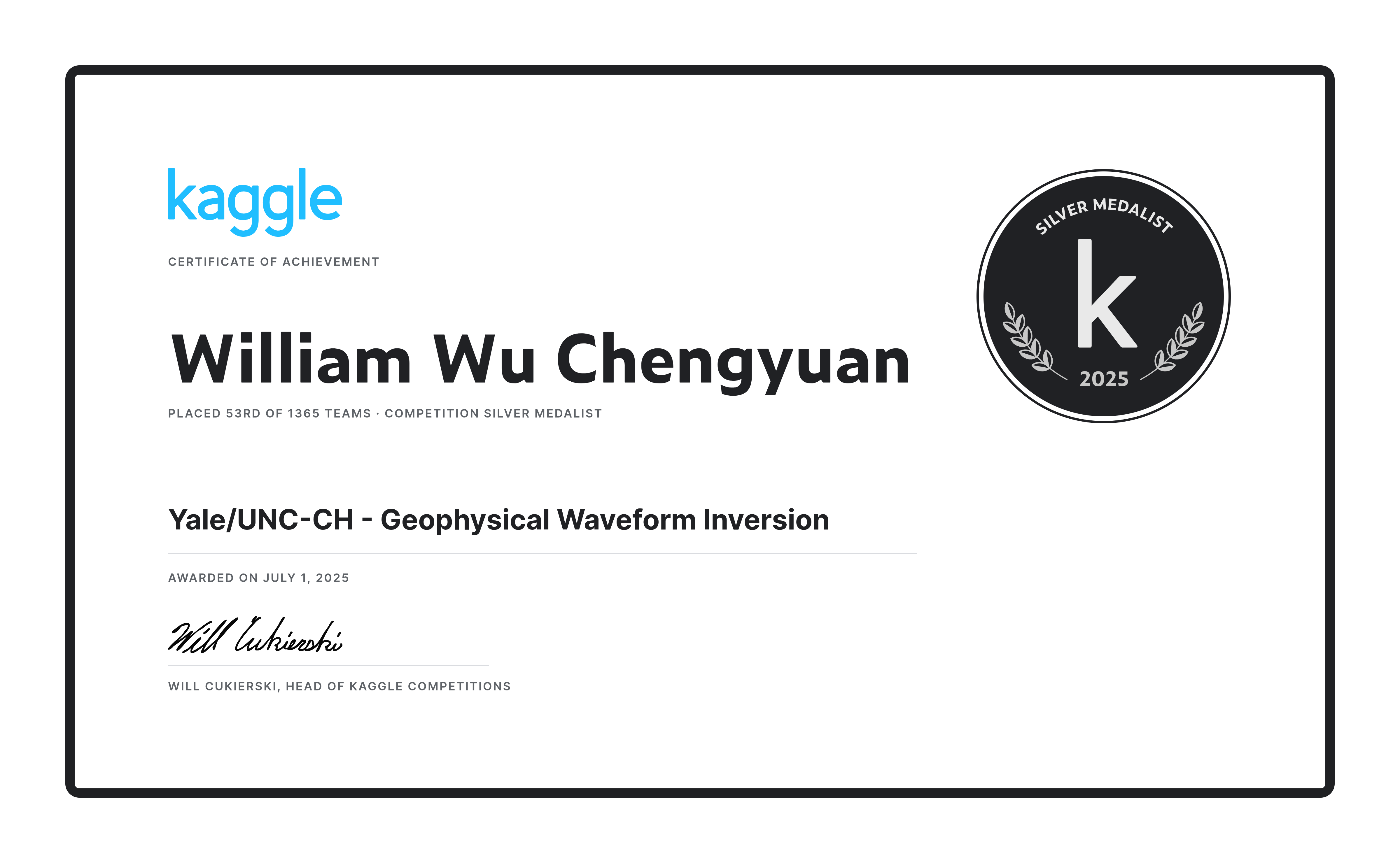 William Wu Chengyuan won a Silver Medal for placing 53rd in Yale/UNC-CH ...