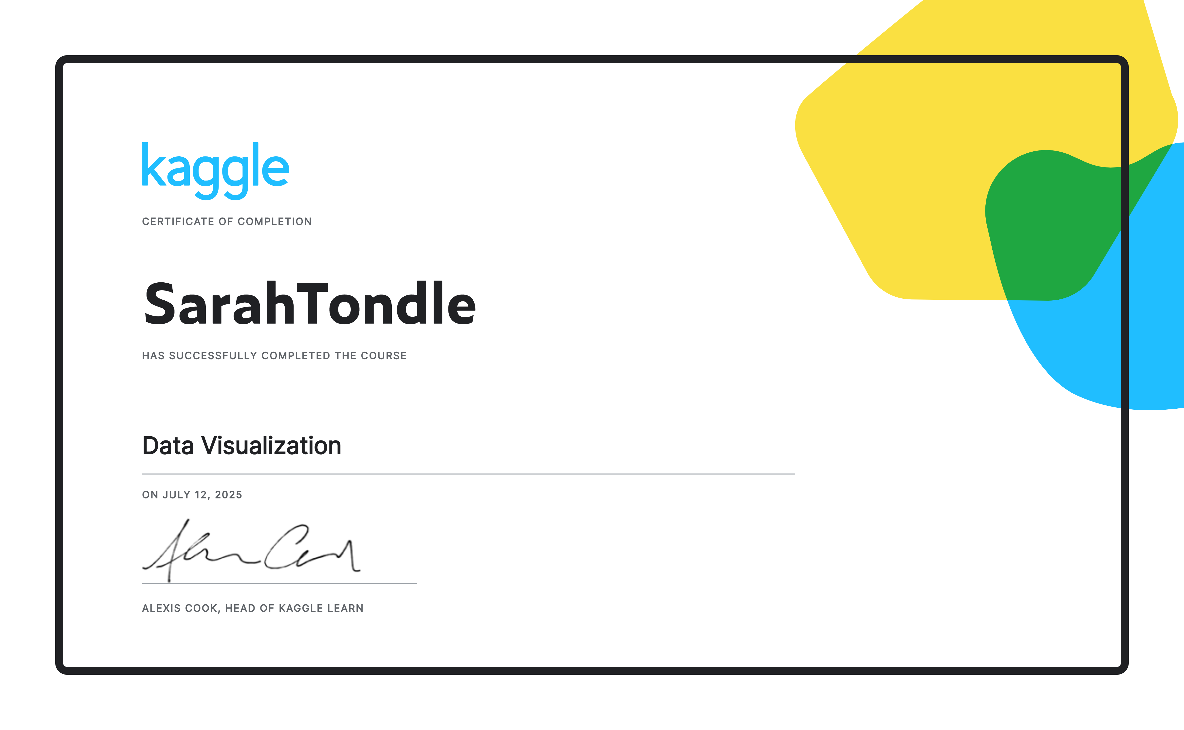 SarahTondle completed the Data Visualization course on Kaggle!