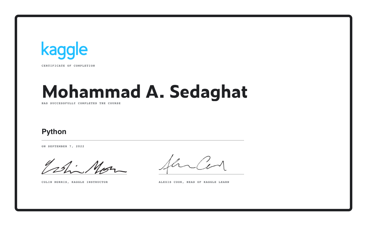 Mohammad a sedaghat completed the python course on kaggle 