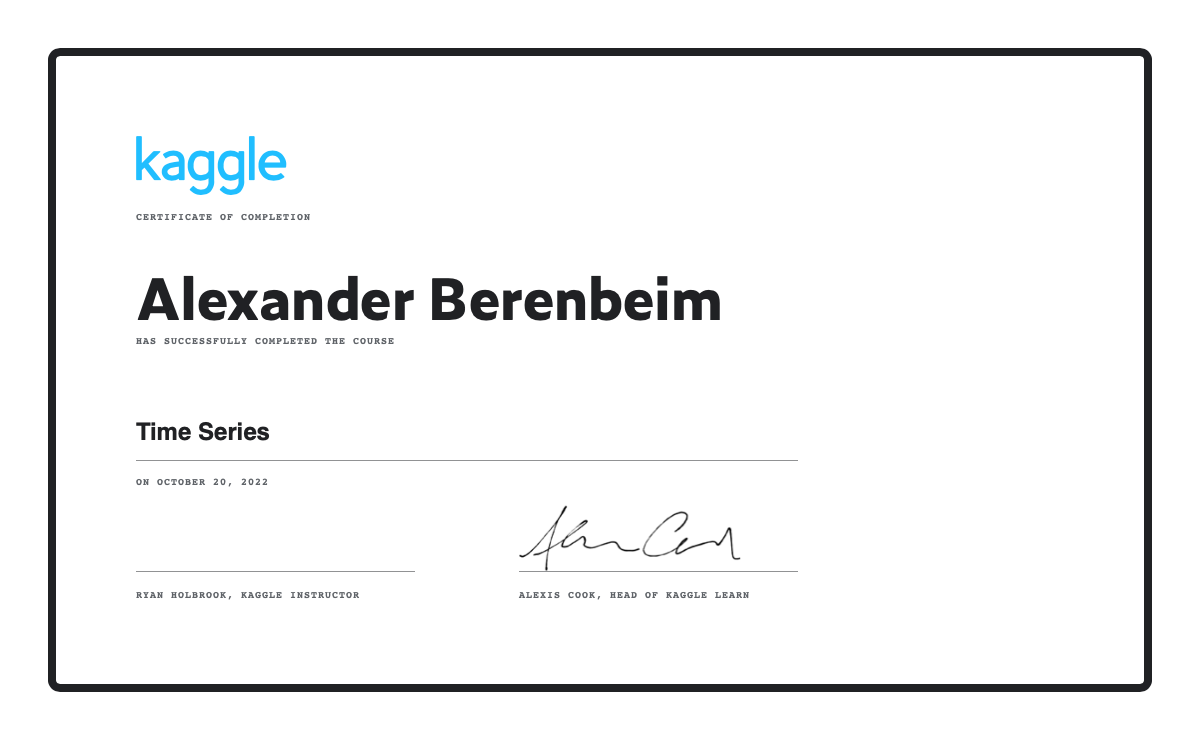 Alexander berenbeim completed the time series course on kaggle 