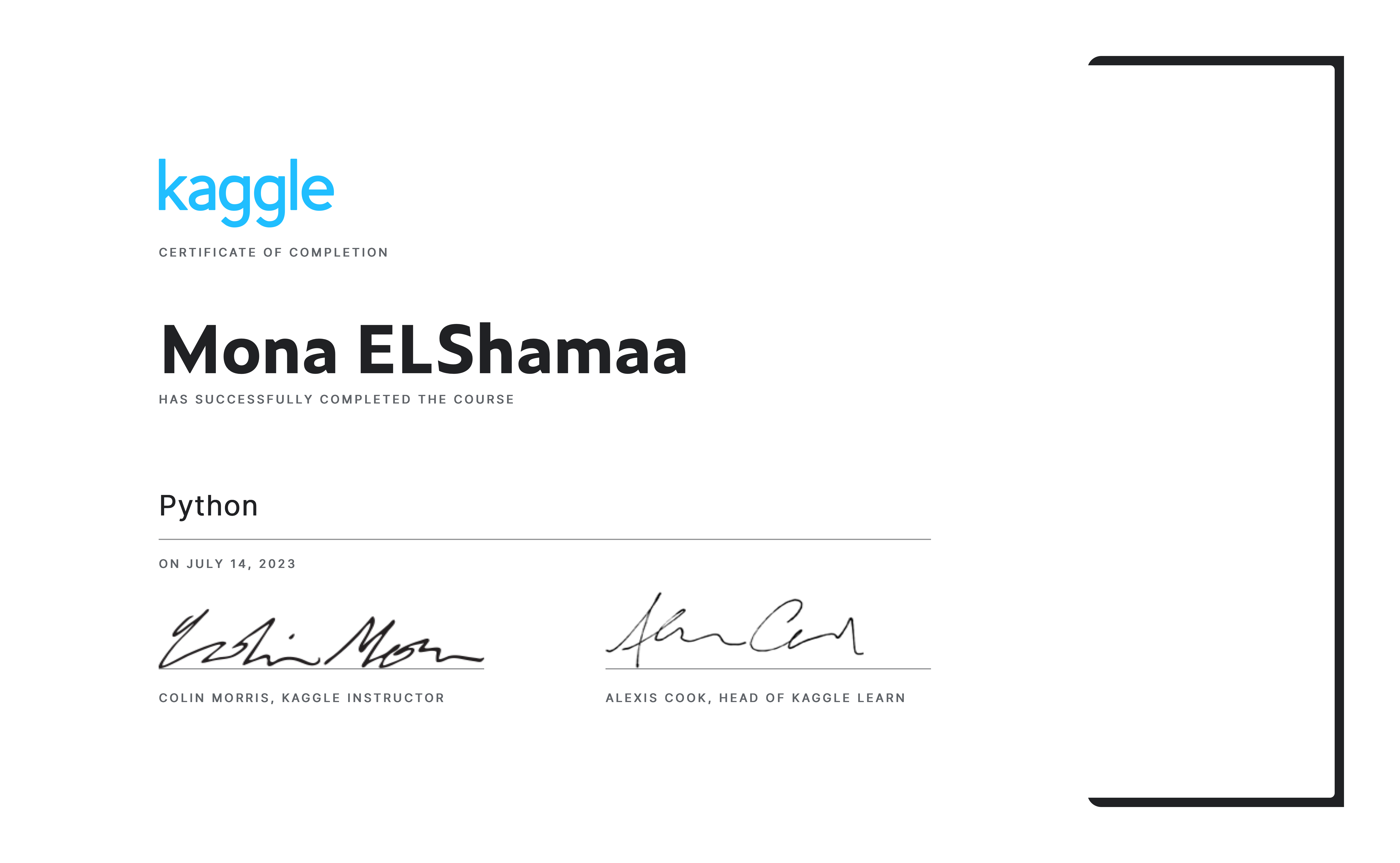 Mona ELShamaa completed the Python course on Kaggle!