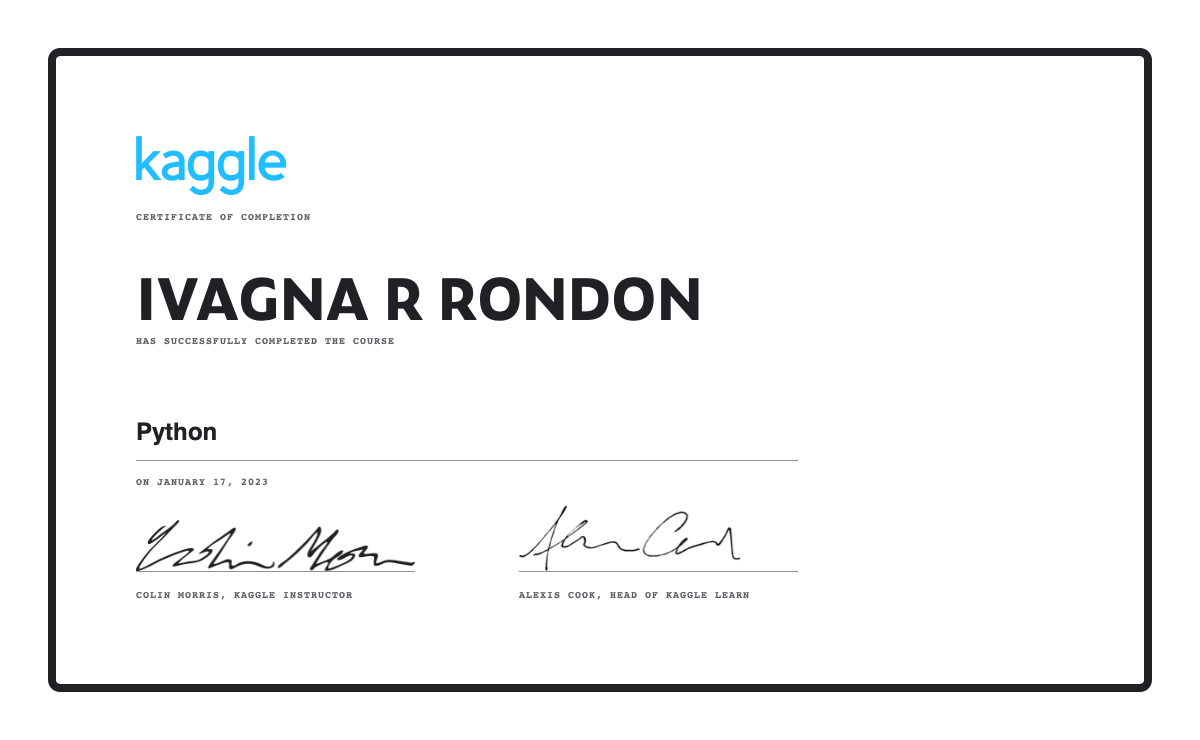 Ivagna r rondon completed the python course on kaggle 