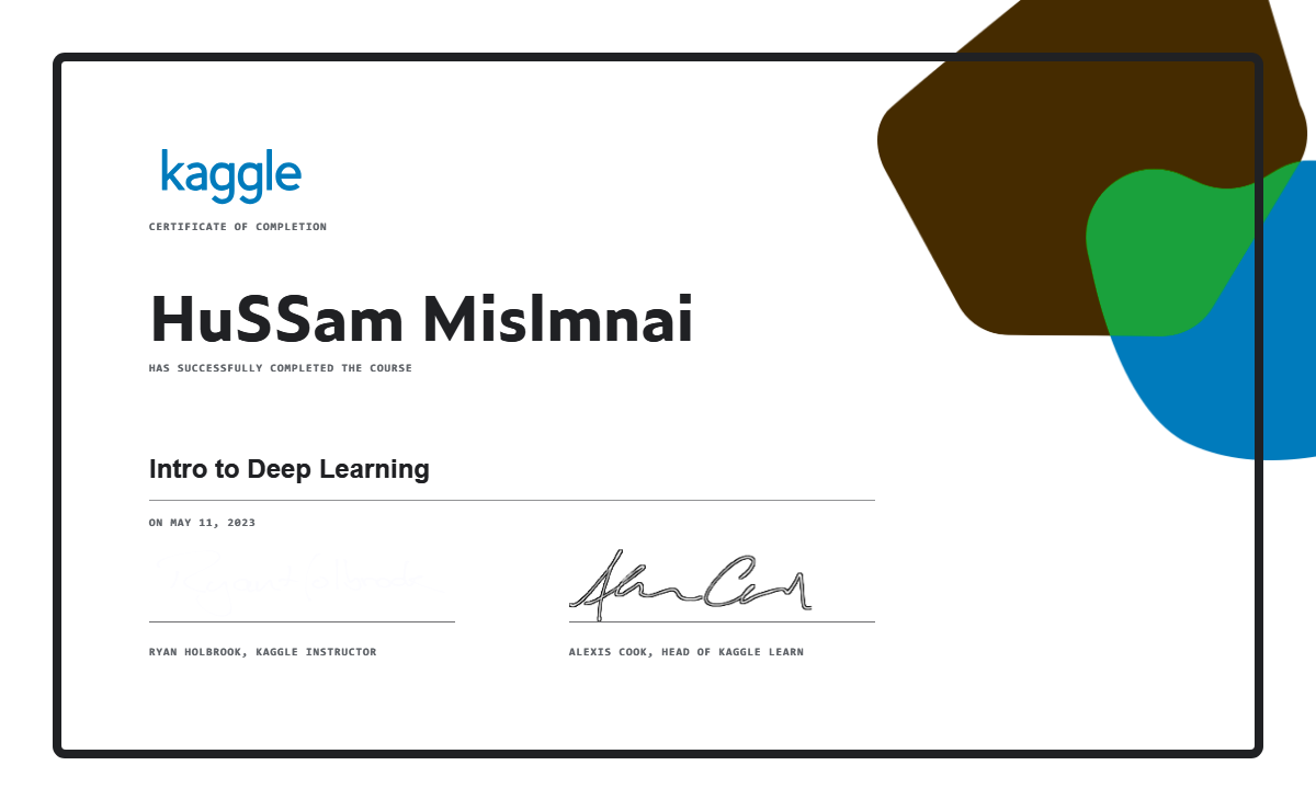 Hussam mislmnai completed the intro to deep learning course on kaggle 