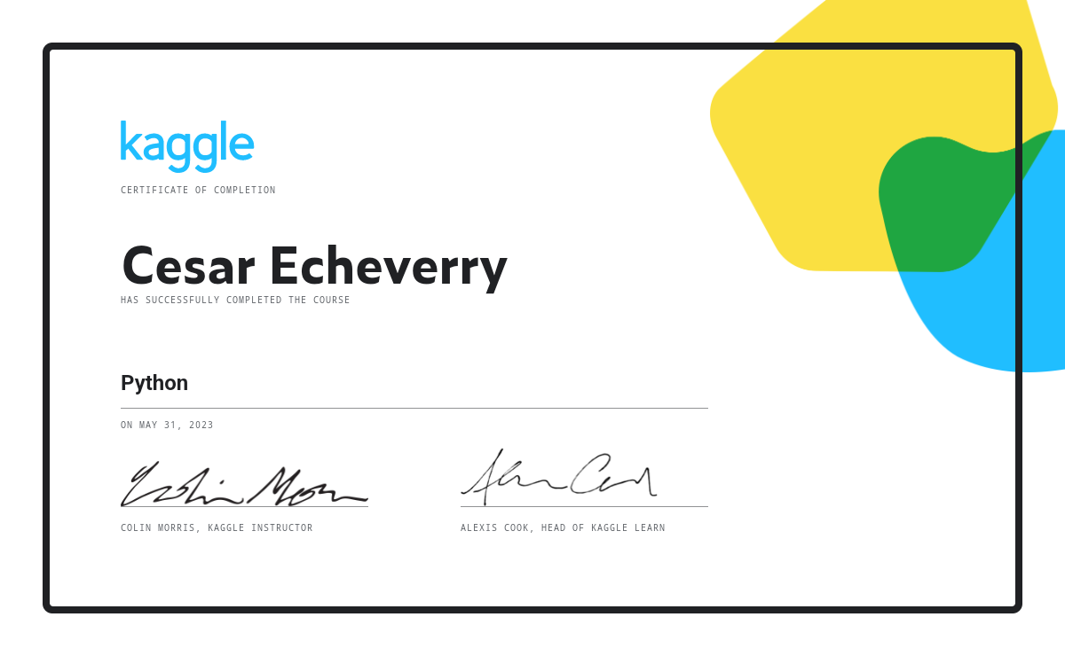 Cesar Echeverry completed the Python course on Kaggle!