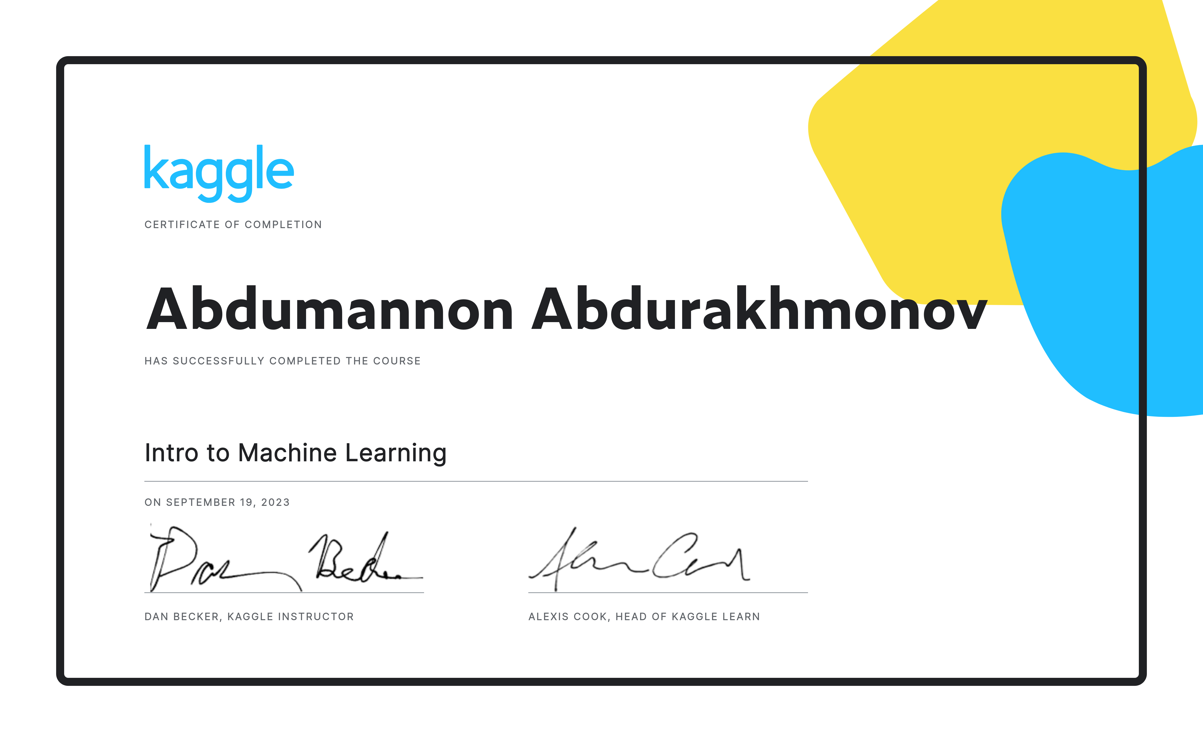 Abdumannon abdurakhmonov completed the intro to machine learning course