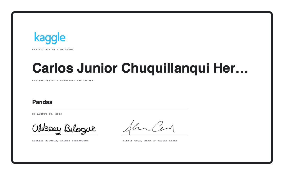 Carlos chuquillanqui herrera completed the pandas course on kaggle 