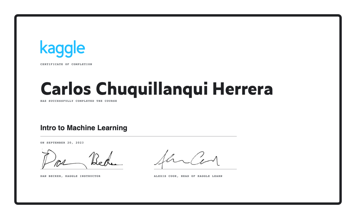 Carlos chuquillanqui herrera completed the intro to machine learning