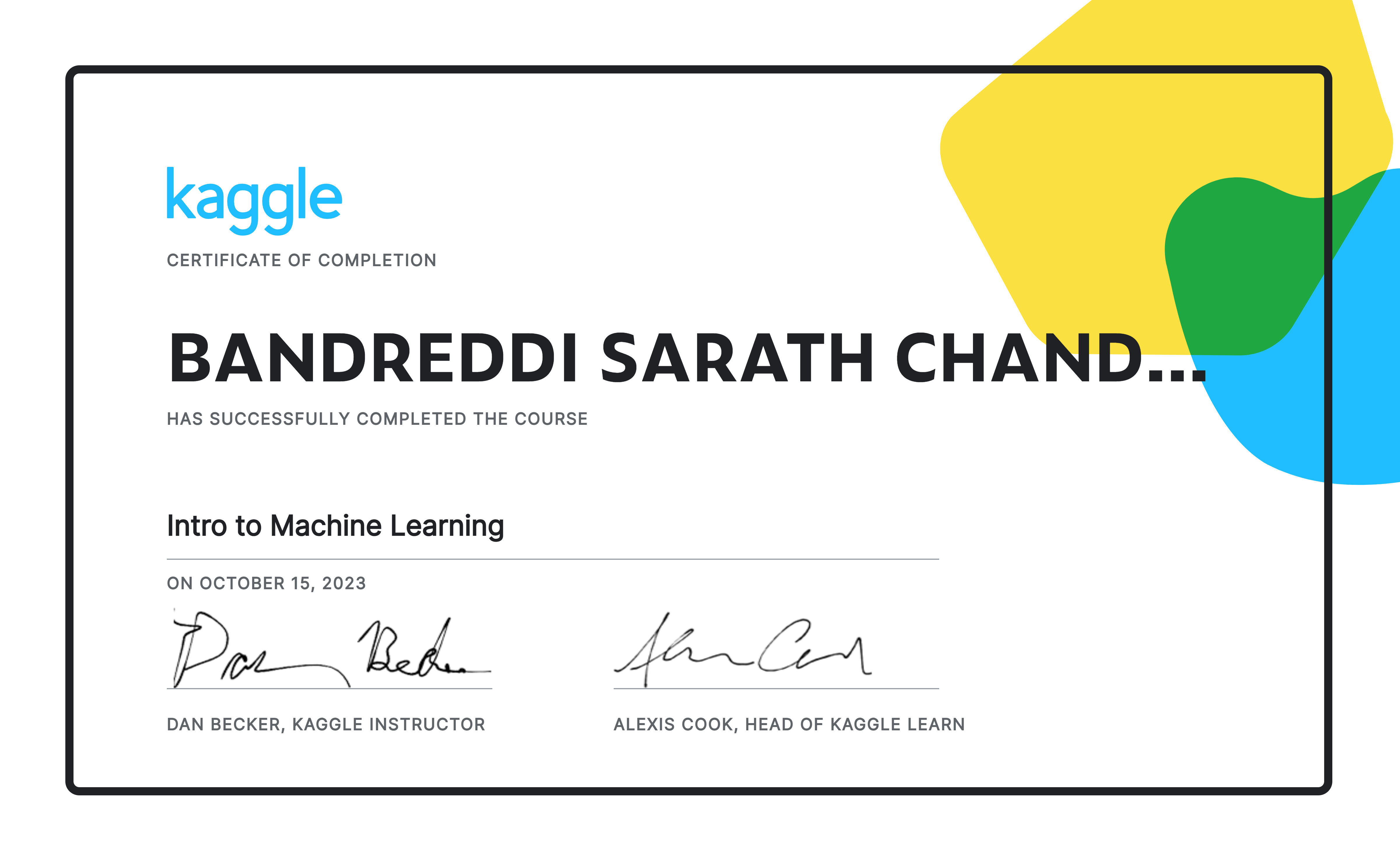 Bandreddi sarath chandra completed the intro to machine learning course