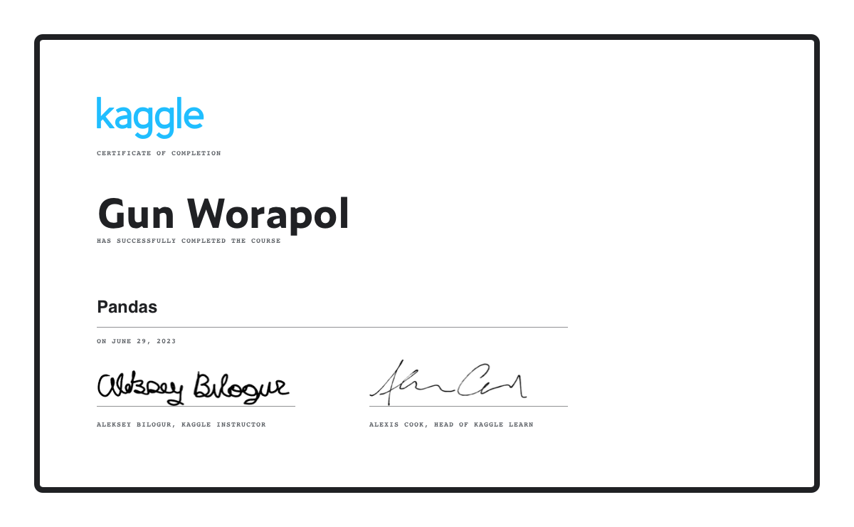 Gun Worapol completed the Pandas course on Kaggle!