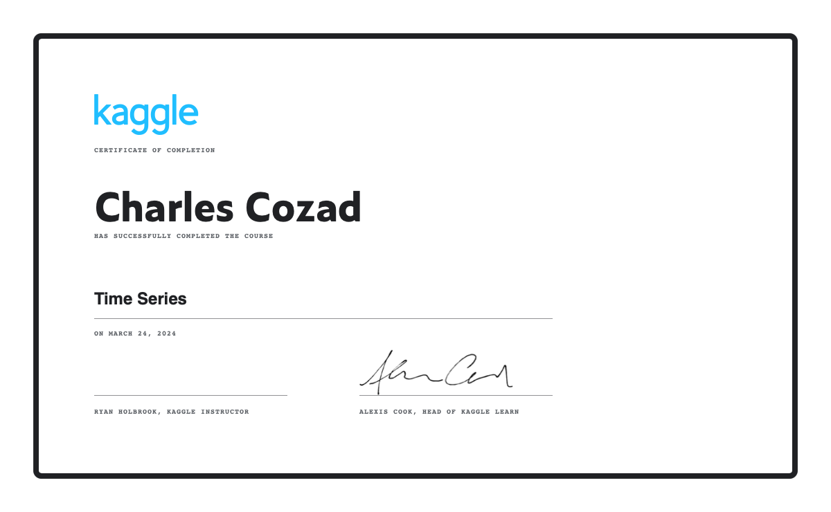 Charles Cozad completed the Time Series course on Kaggle