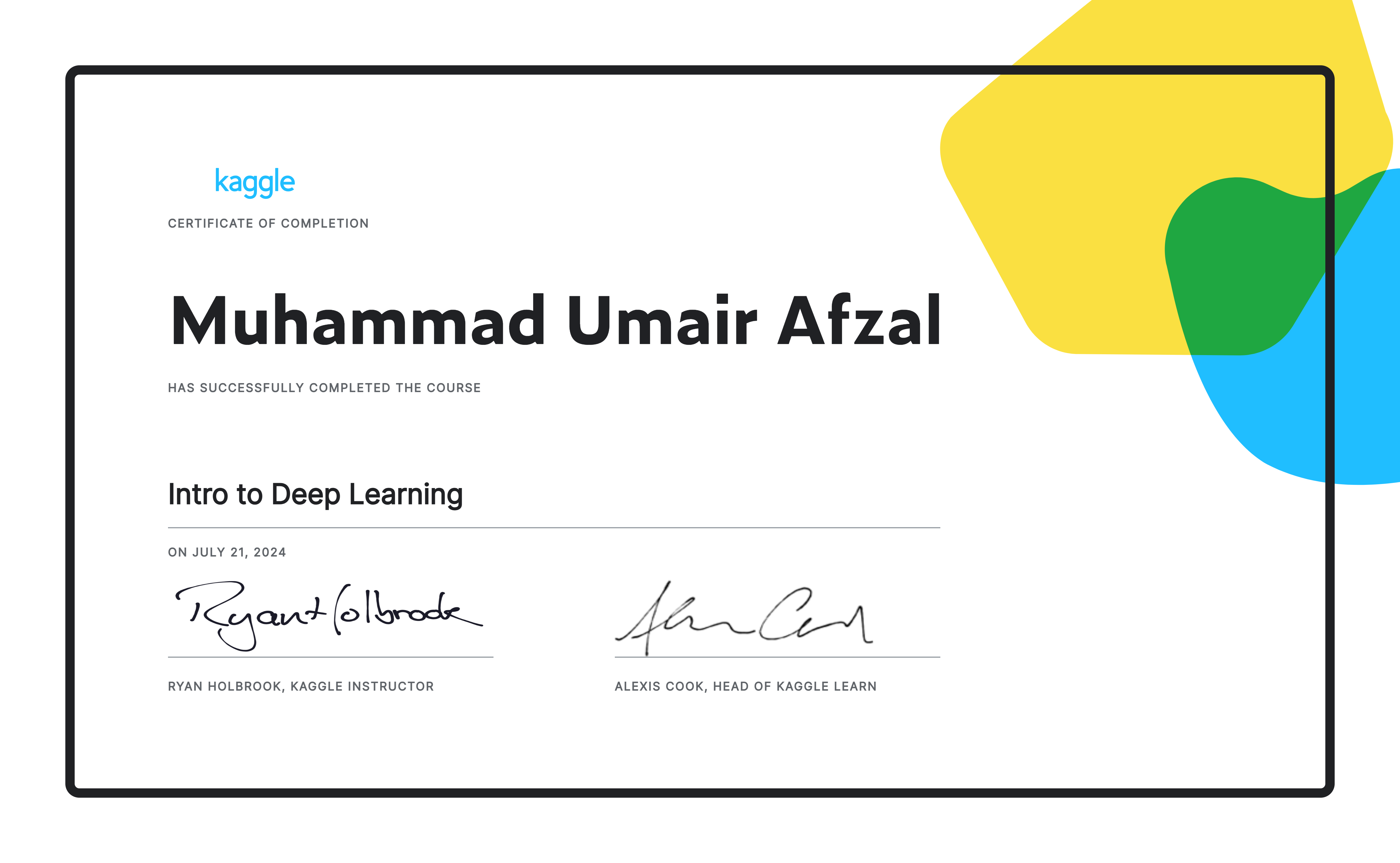 Muhammad umair afzal completed the intro to deep learning course on kaggle 