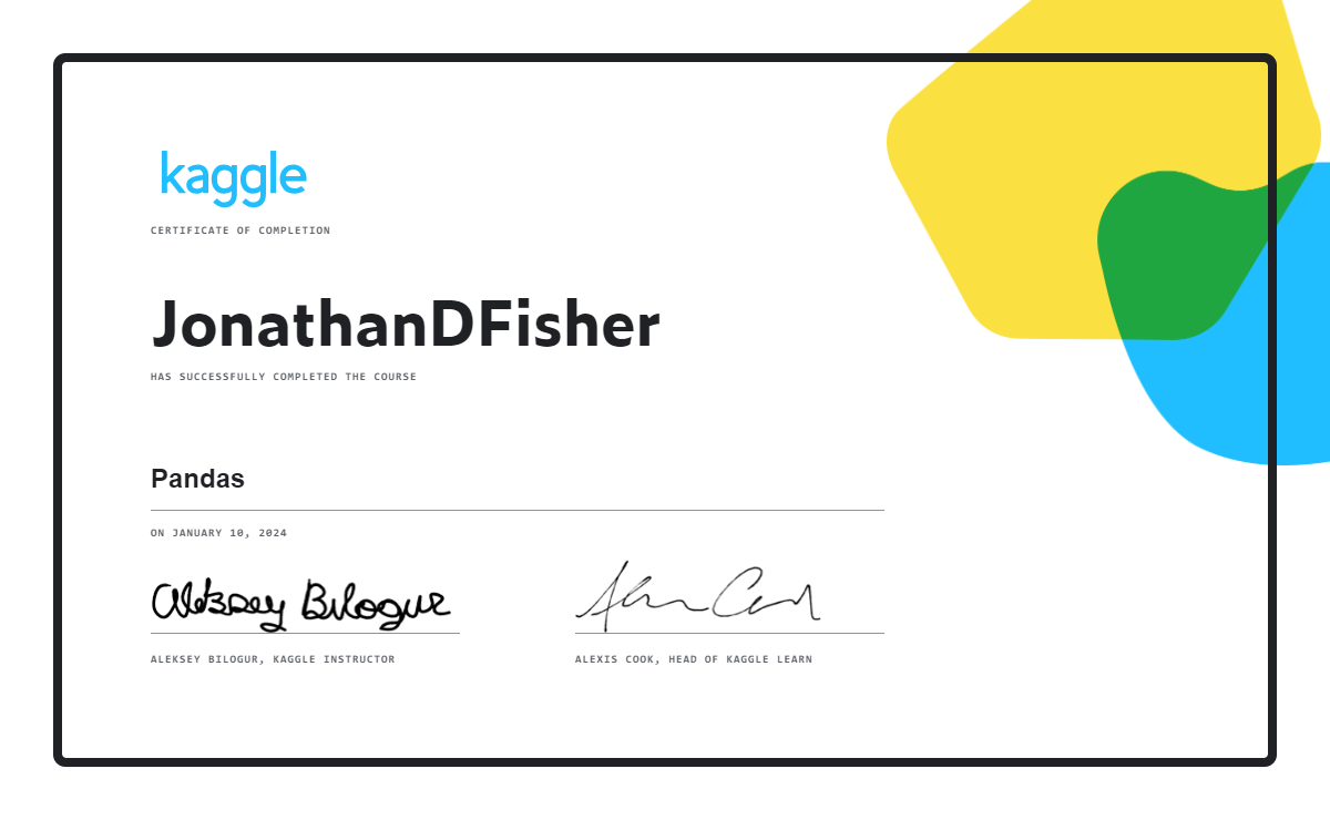 Jonathandfisher Completed The Pandas Course On Kaggle Jonathandfisher Completed The Pandas Course On Kaggle