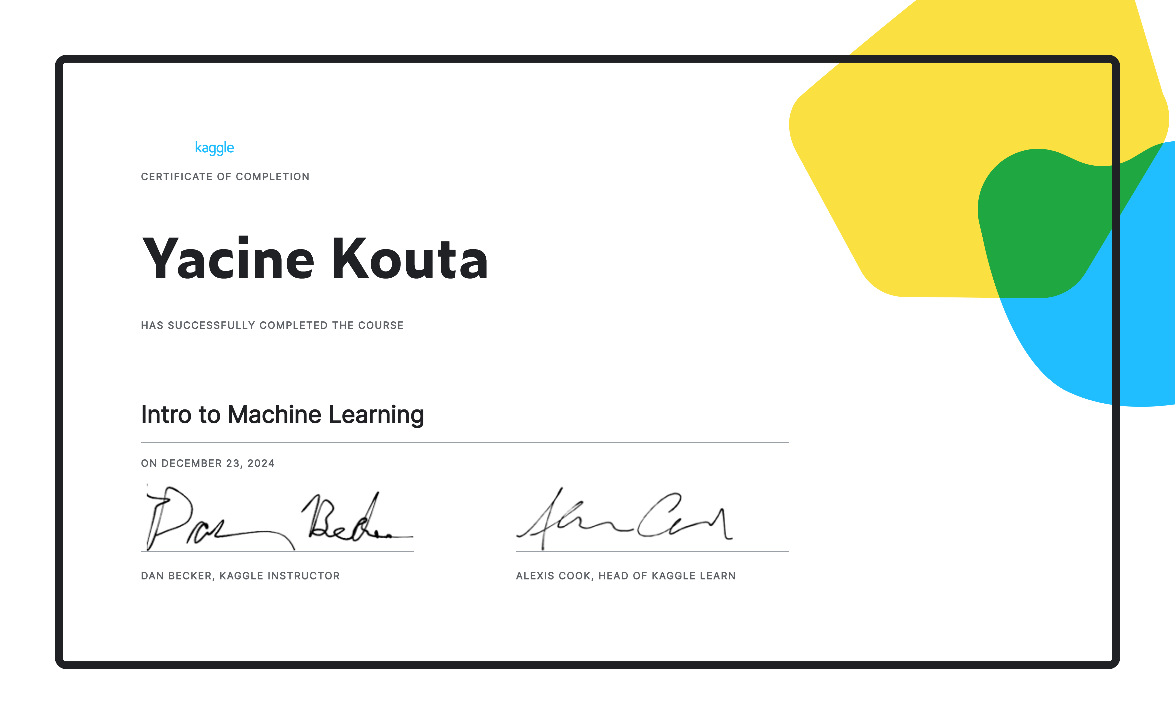 Yacine kouta completed the intro to machine learning course on kaggle 
