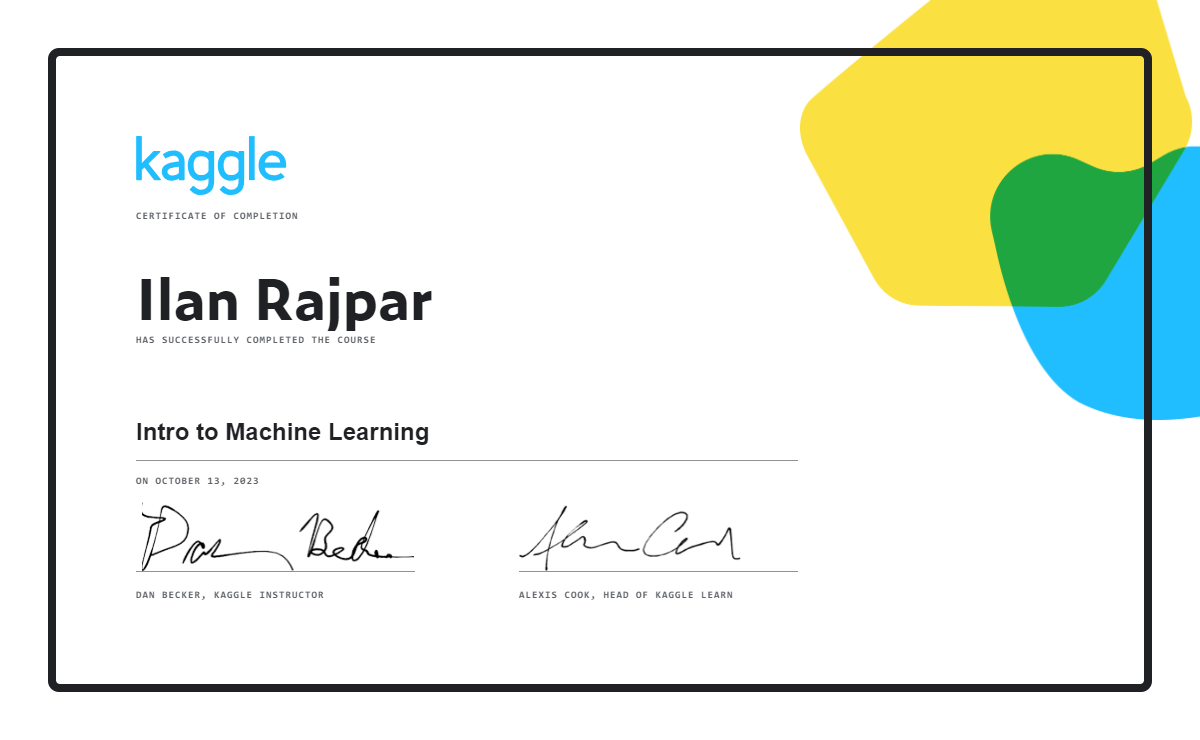 Inam Rajpar Ilan Rajpar completed the Intro to Machine Learning course on Kaggle!