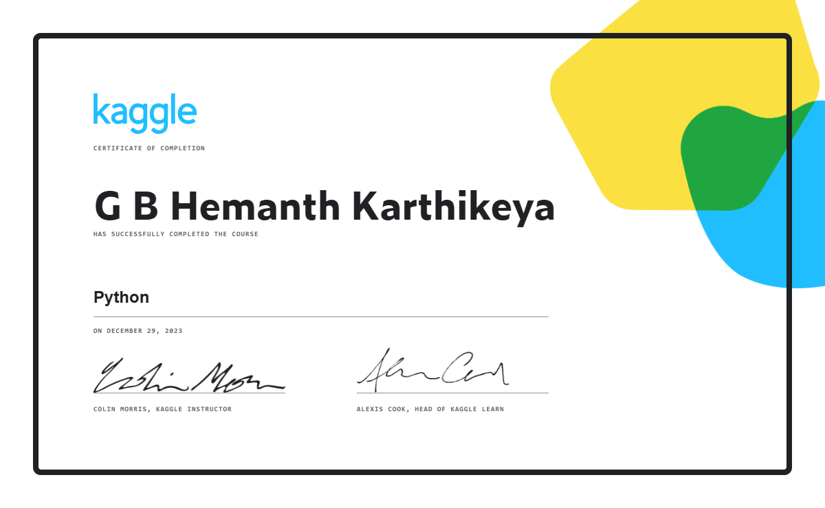 G B Hemanth Karthikeya completed the Python course on Kaggle!