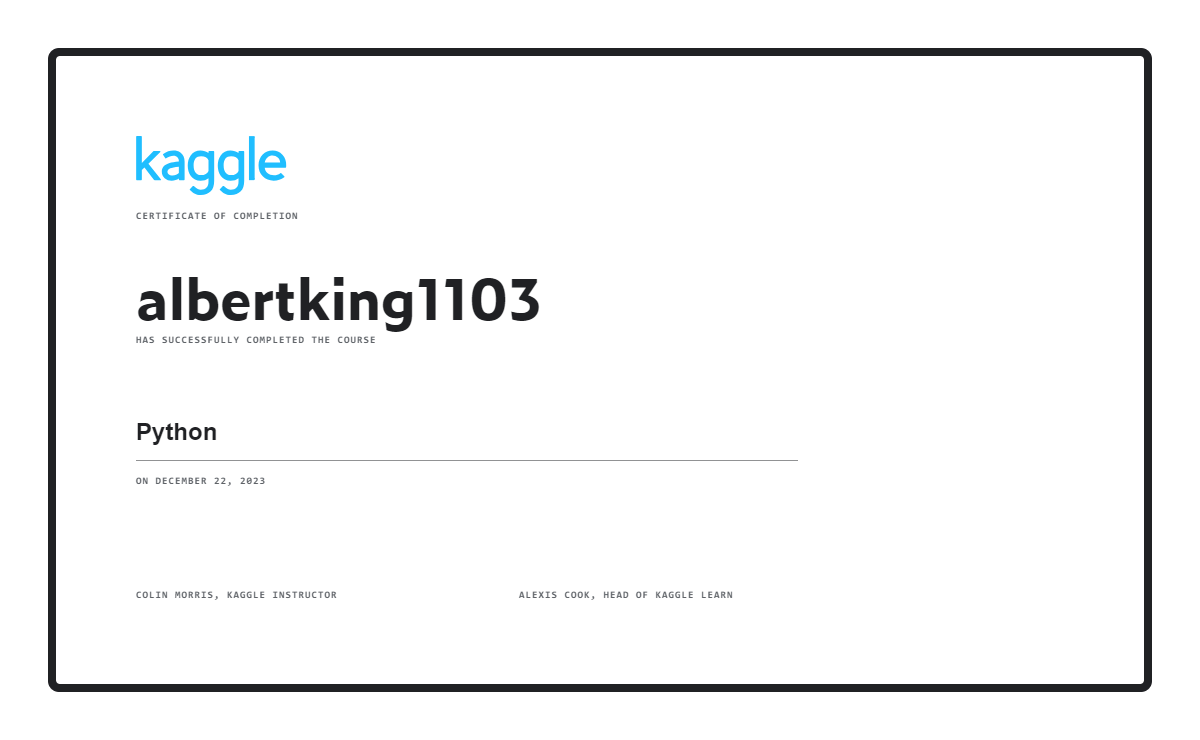 albertking1103 completed the Python course on Kaggle!