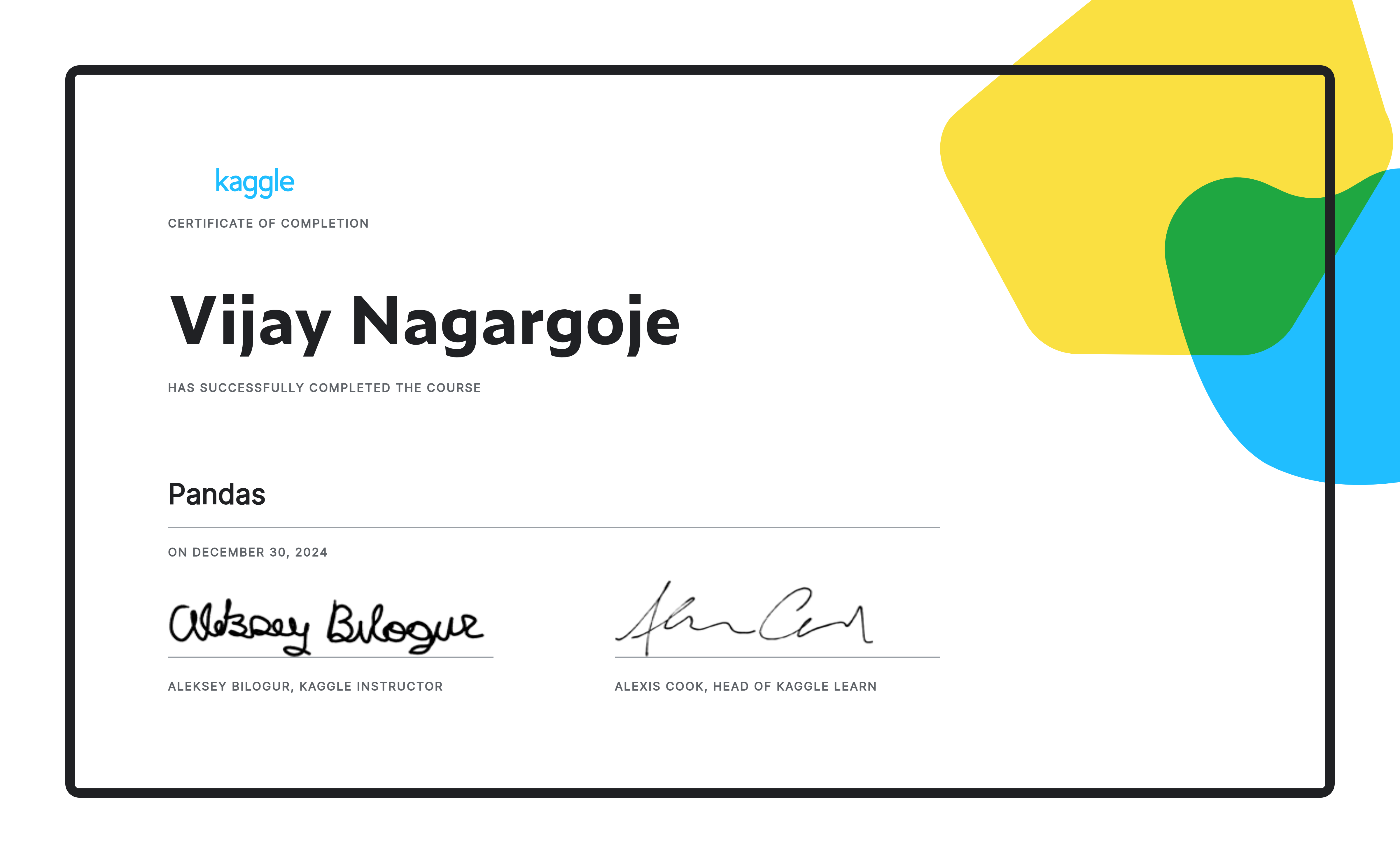 Vijay nagargoje completed the pandas course on kaggle 