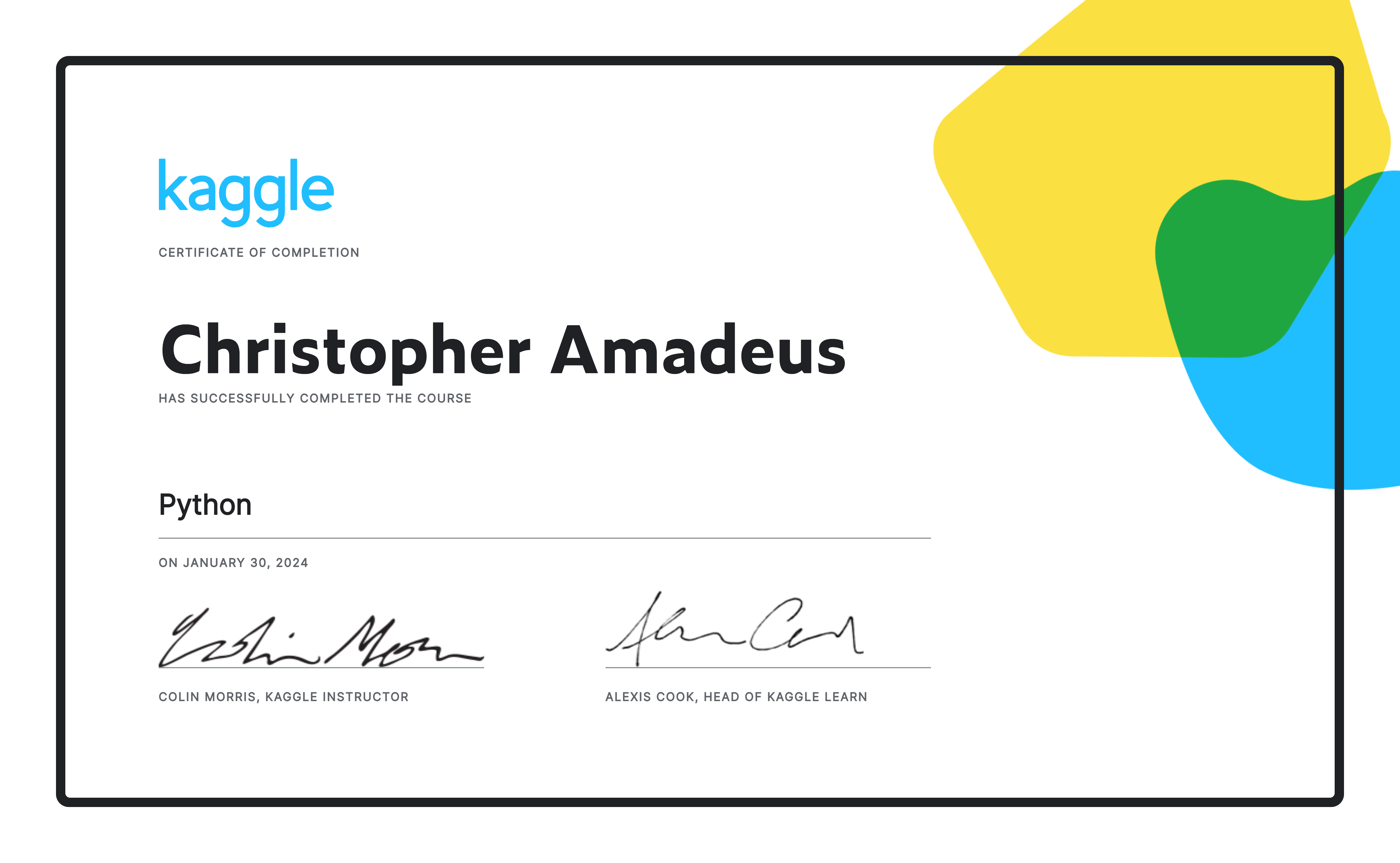 Christopher Amadeus Completed The Python Course On Kaggle Christopher amadeus completed the python course on kaggle