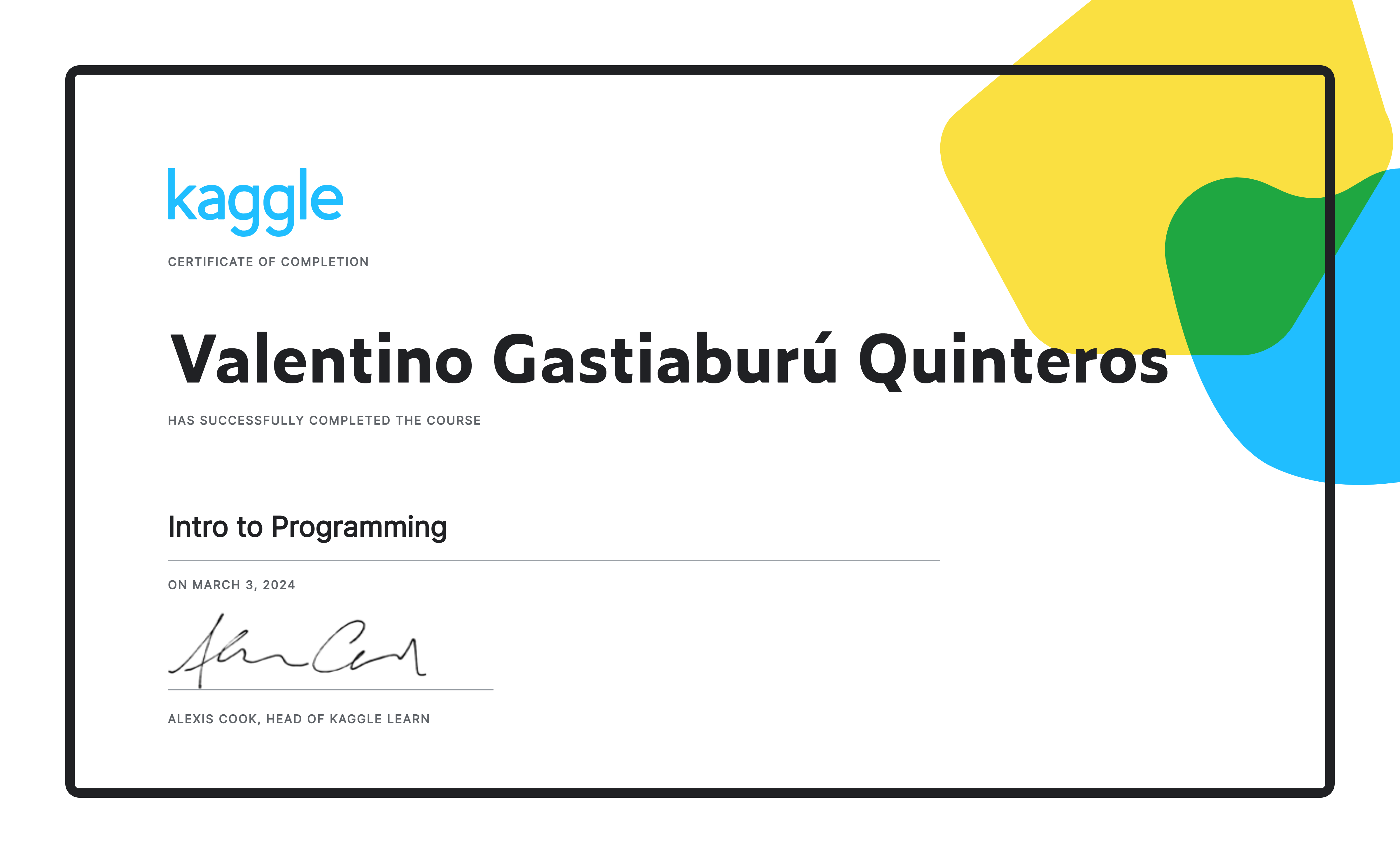 Valentino gastiabur quinteros completed the intro to programming