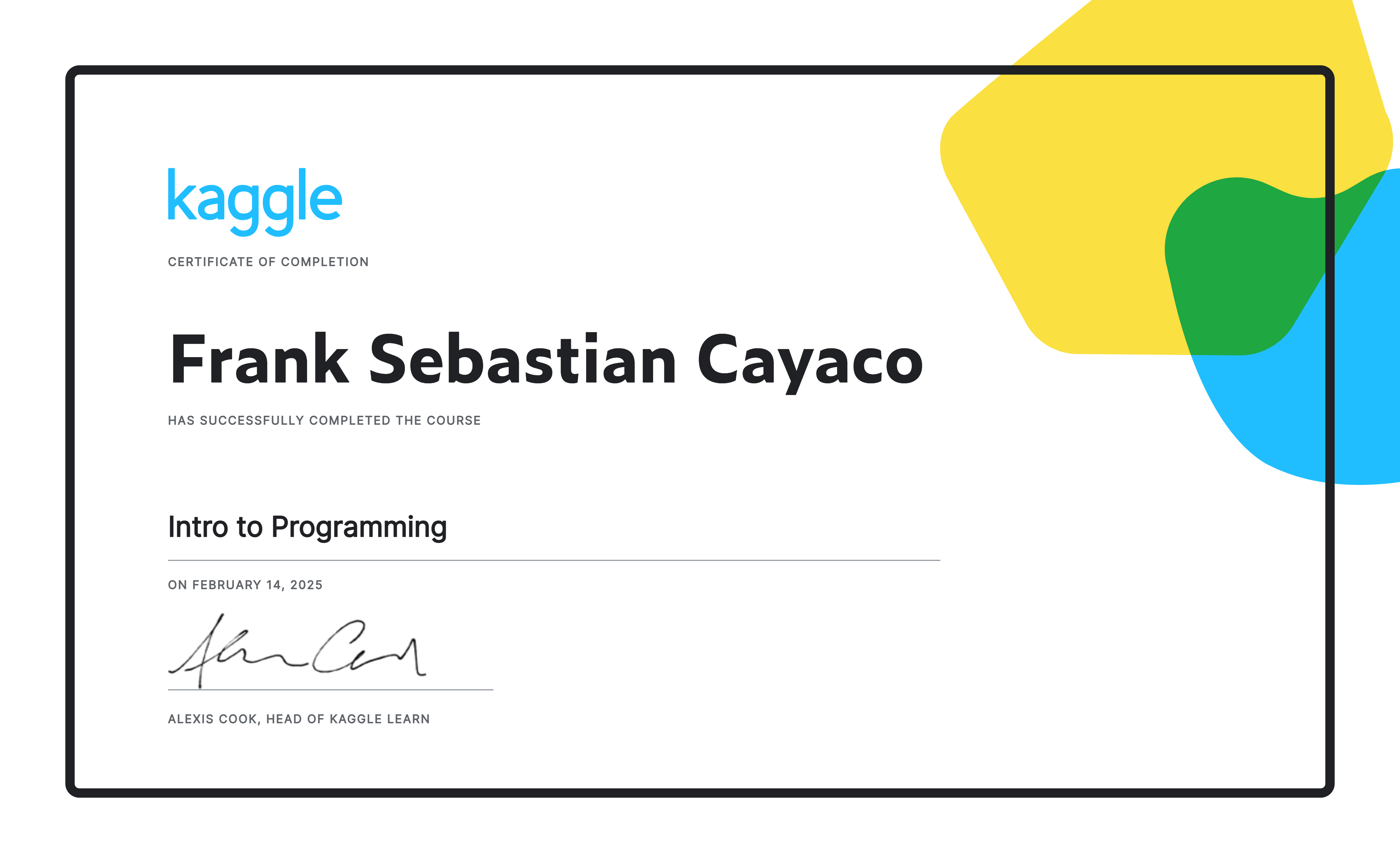 Frank Sebastian Cayaco completed the Intro to Programming course on Kaggle!