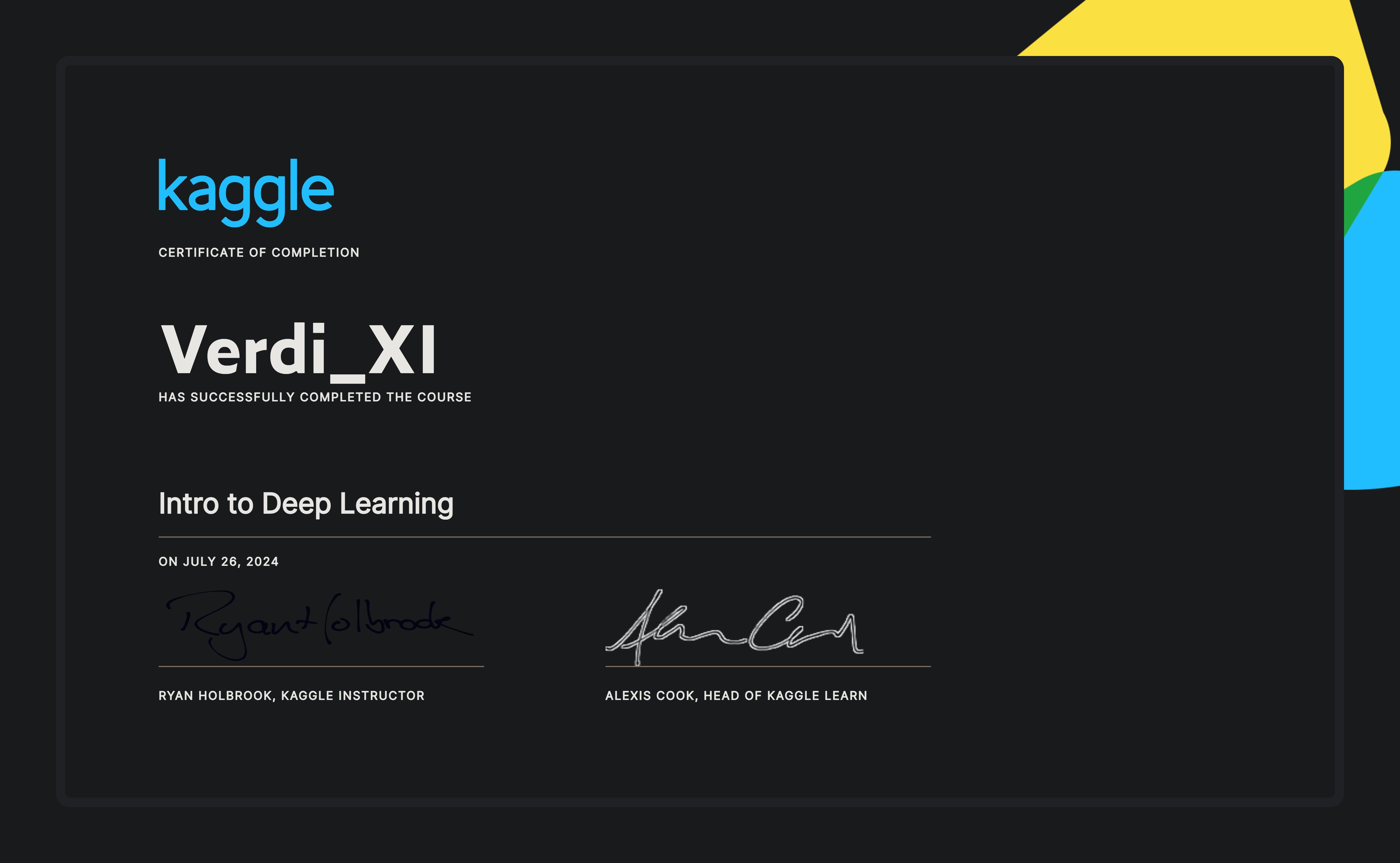 Verdi_XI completed the Intro to Deep Learning course on Kaggle!