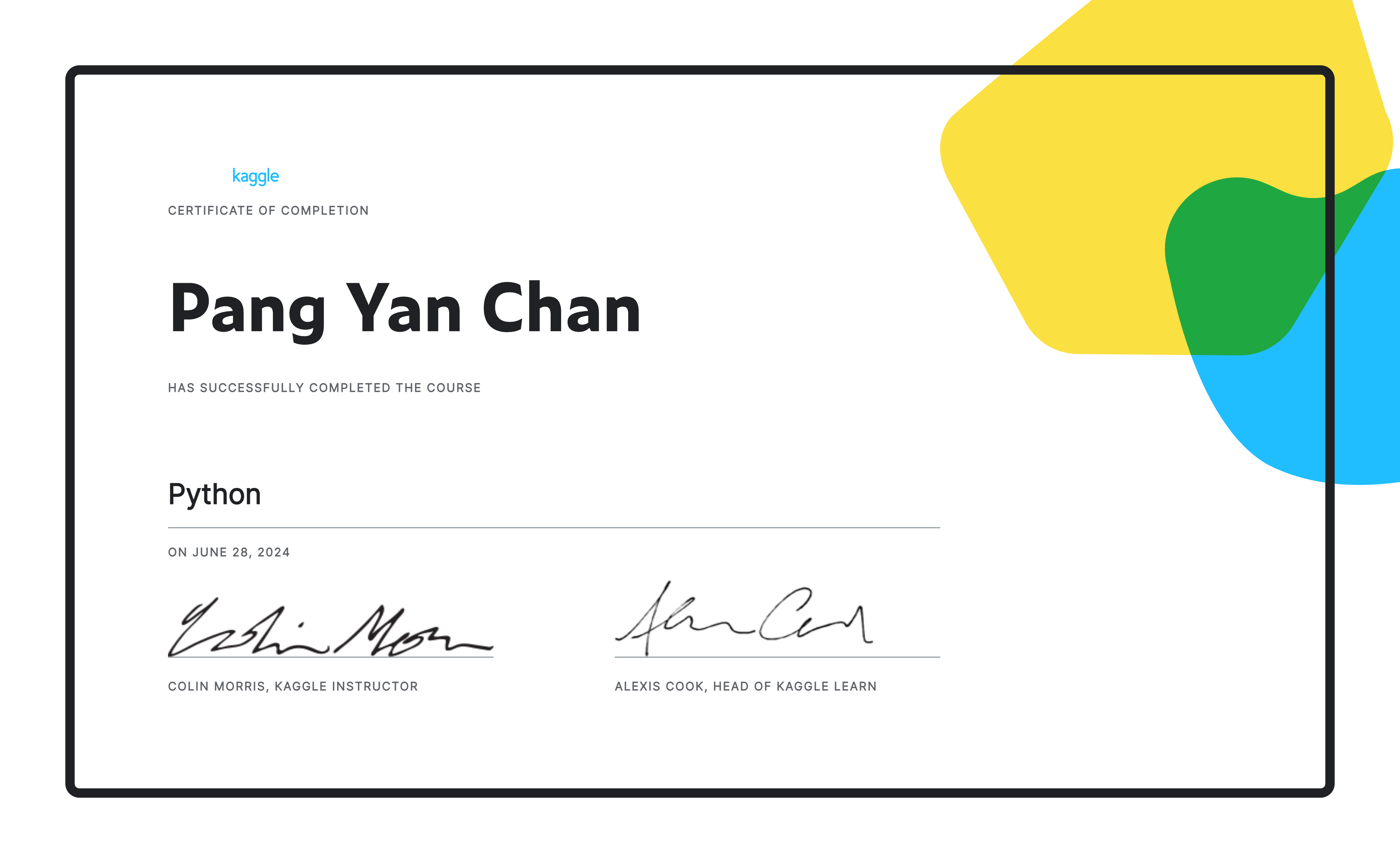 Pang Yan Chan completed the Python course on Kaggle!