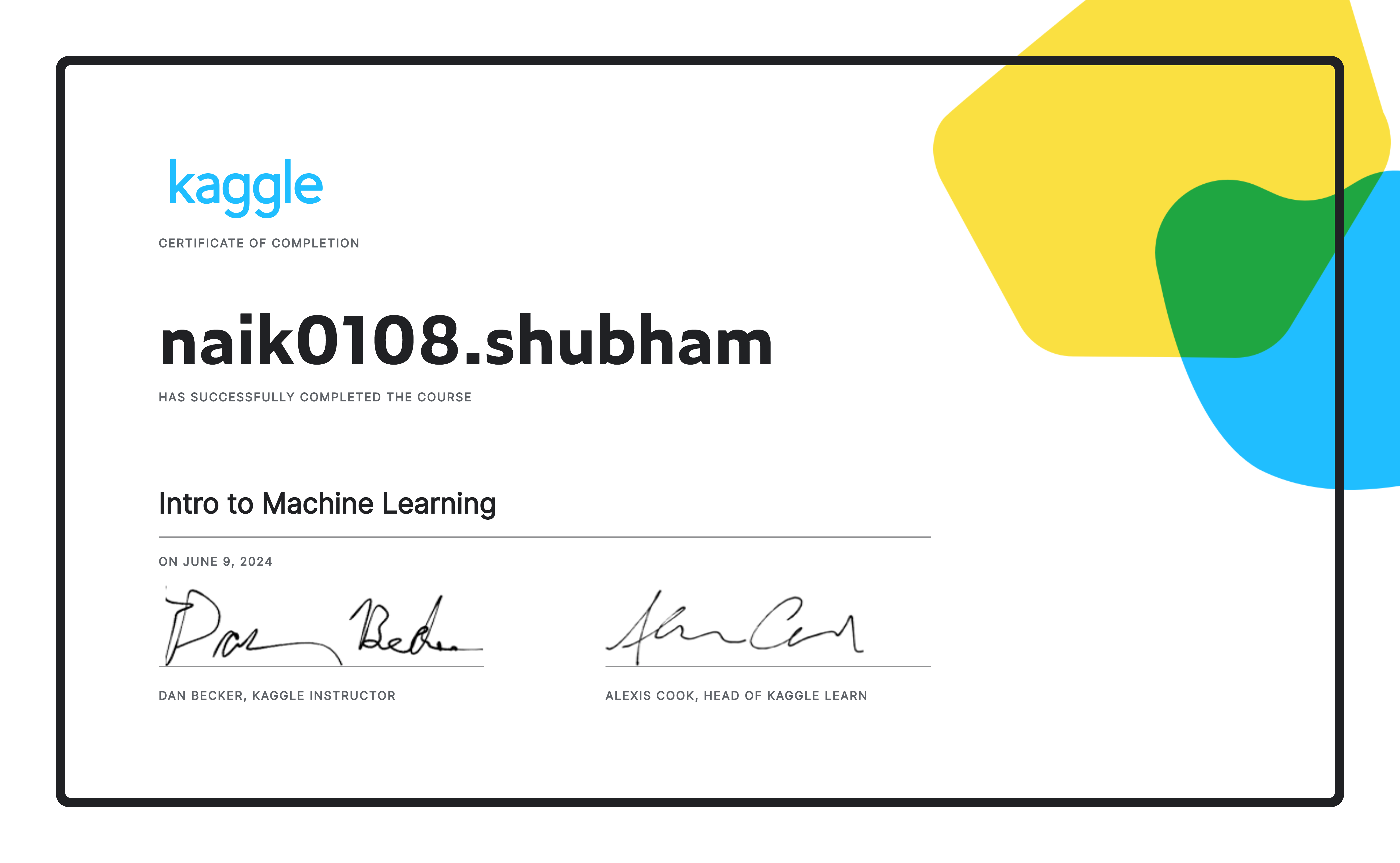 naik0108.shubham completed the Intro to Machine Learning course on Kaggle!