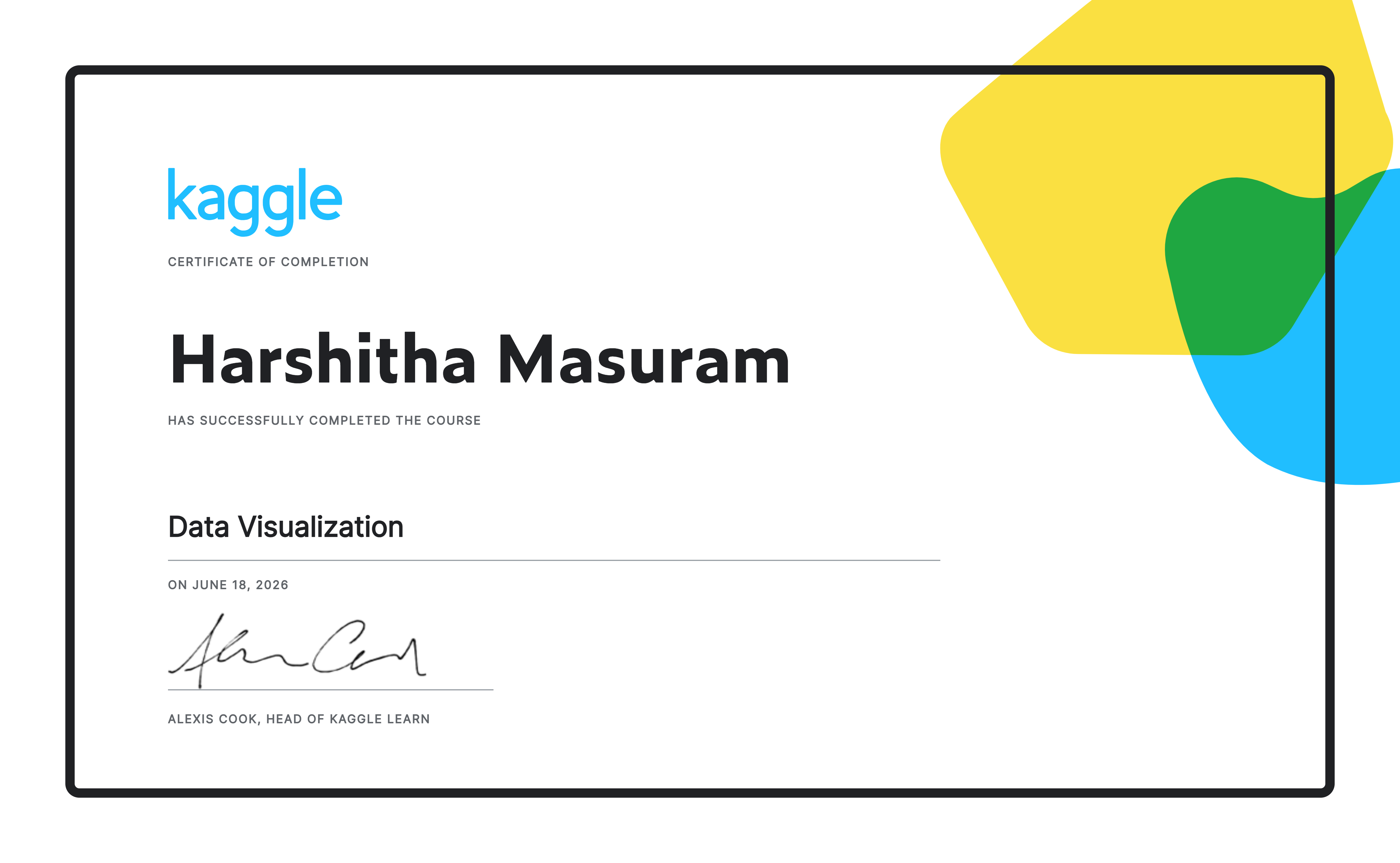 Harshitha Masuram completed the Data Visualization course on Kaggle!