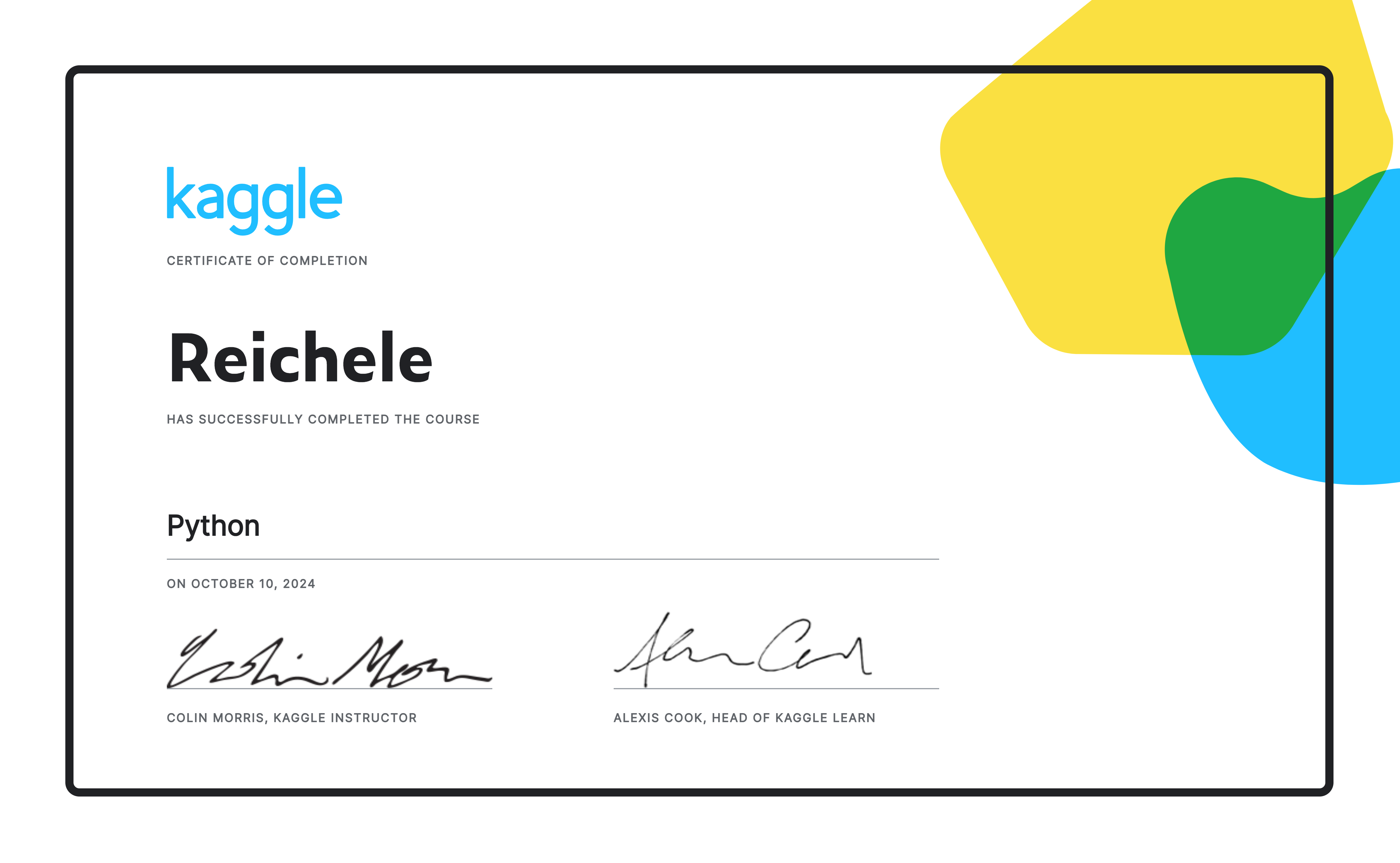 Reichele completed the Python course on Kaggle!