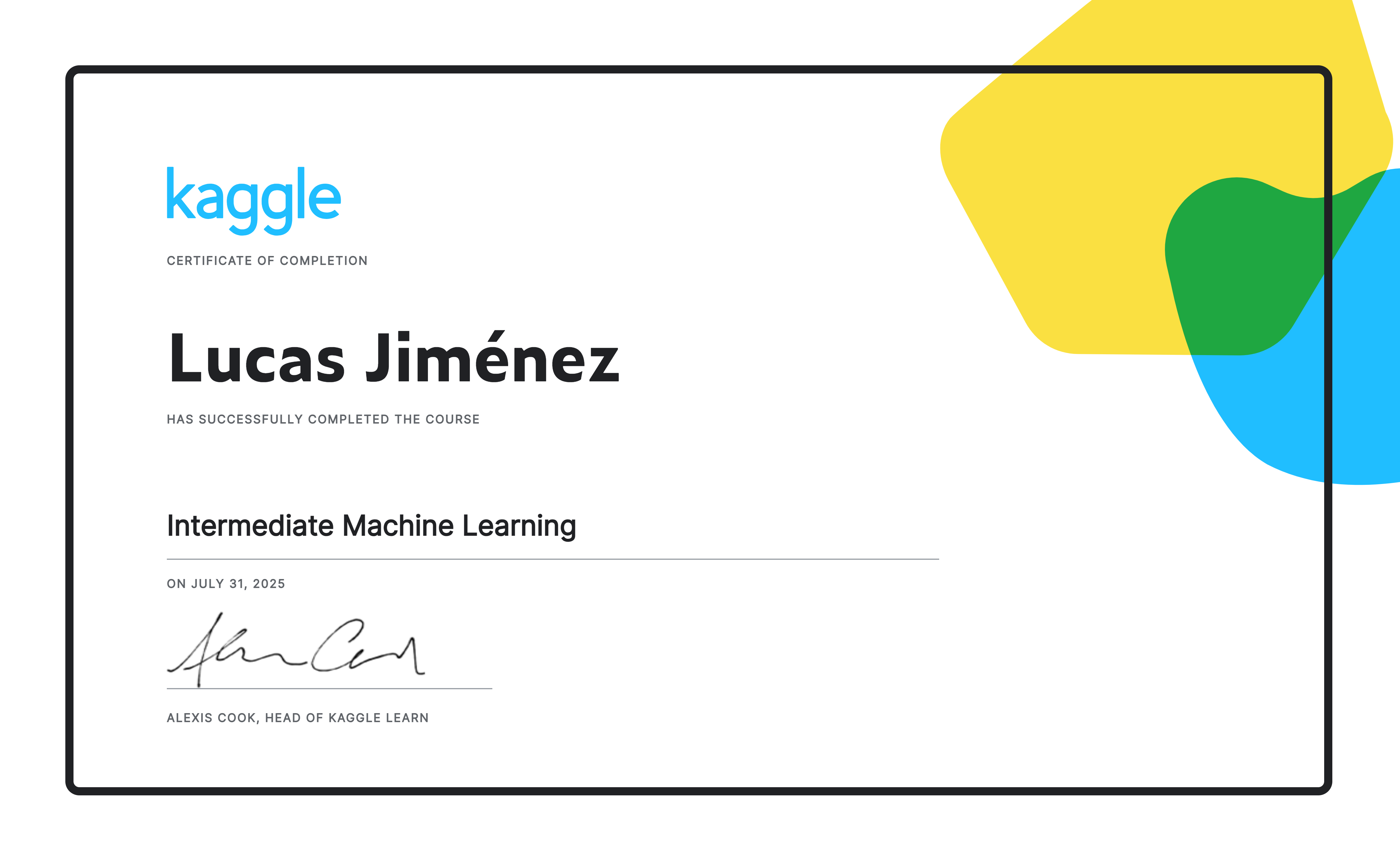 Lucos Learning Lucas Jiménez completed the Intermediate Machine Learning course on Kaggle!