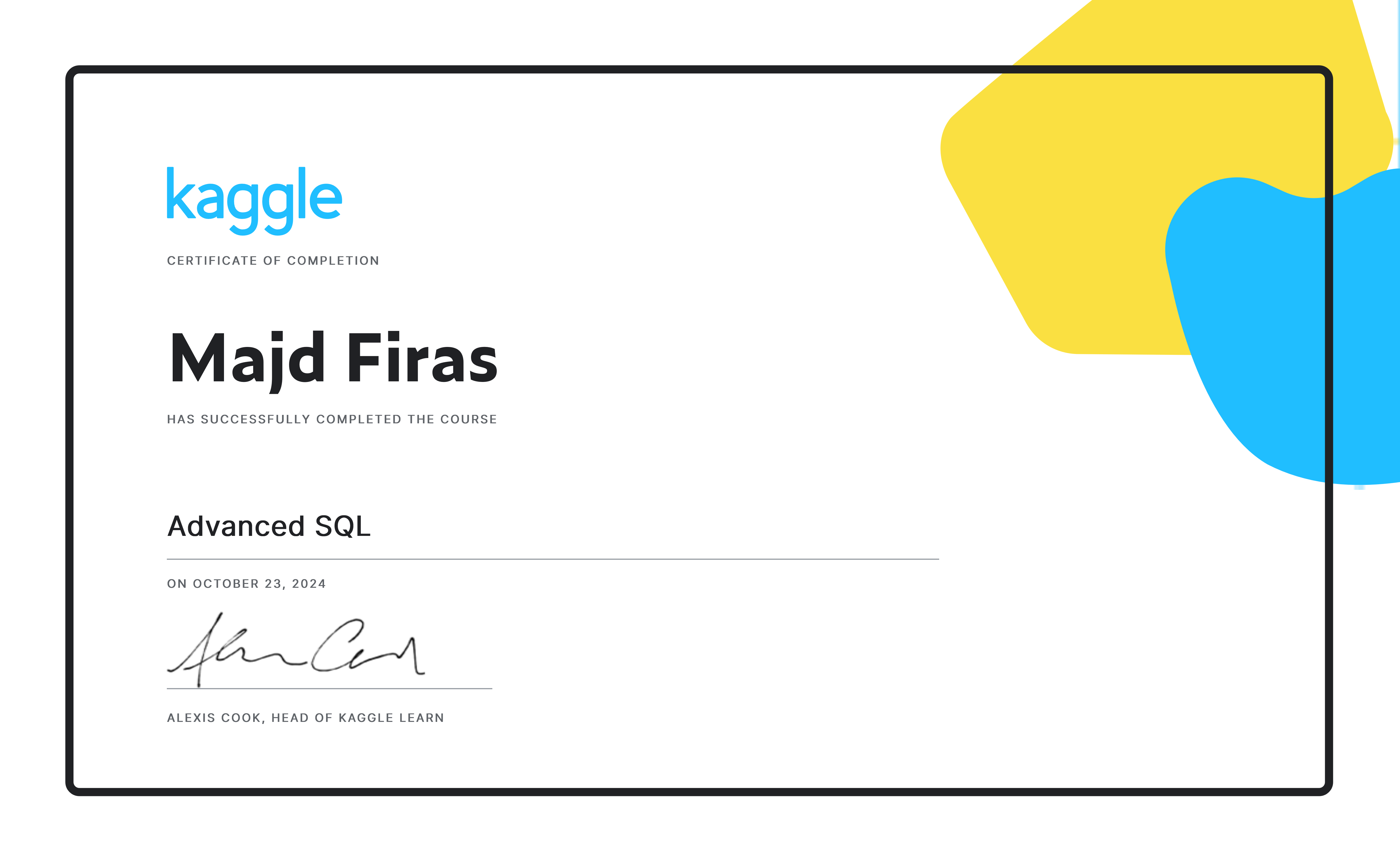 Majd firas completed the advanced sql course on kaggle 