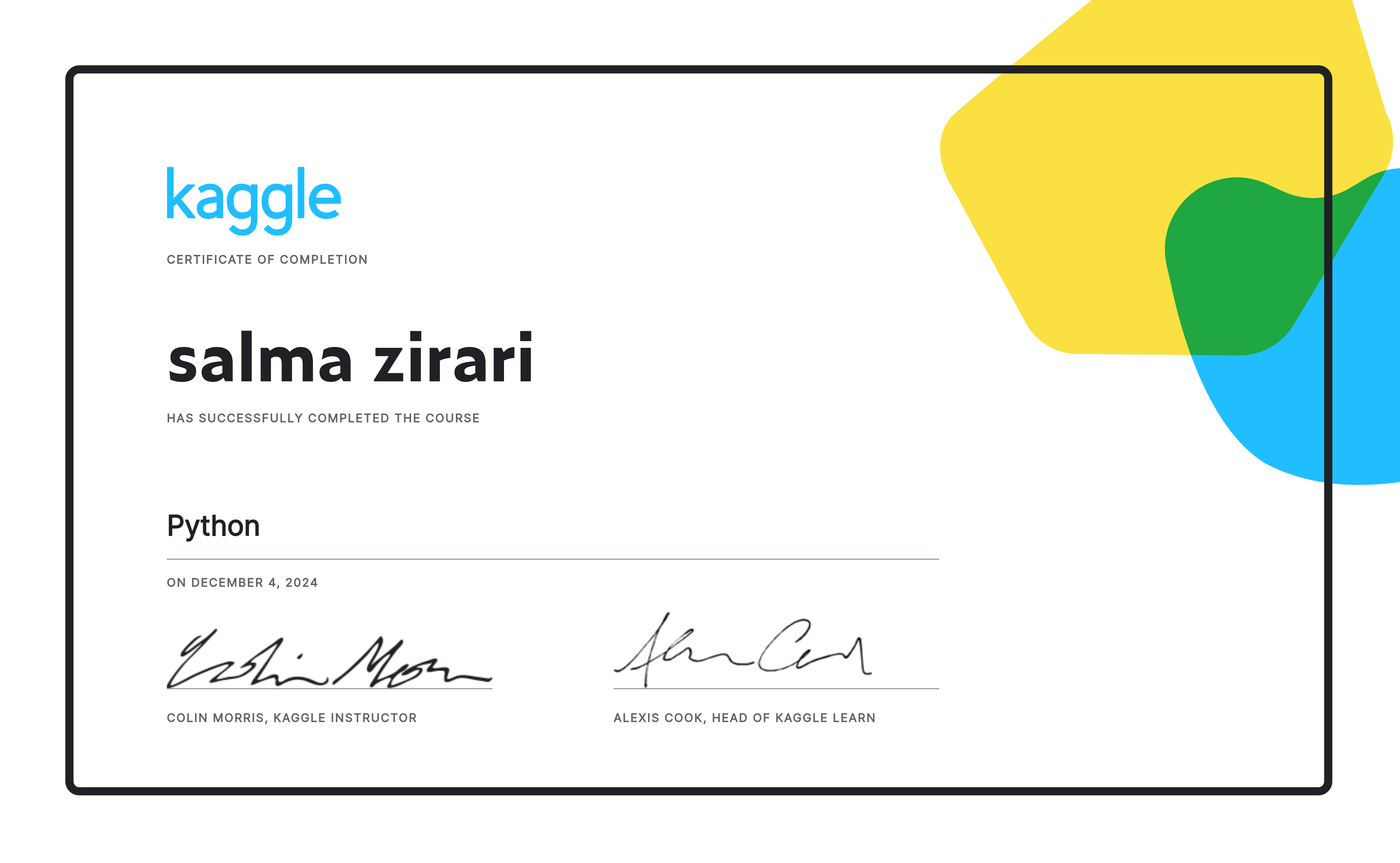 Salma Zirari Completed The Python Course On Kaggle Salma zirari completed the python course on kaggle